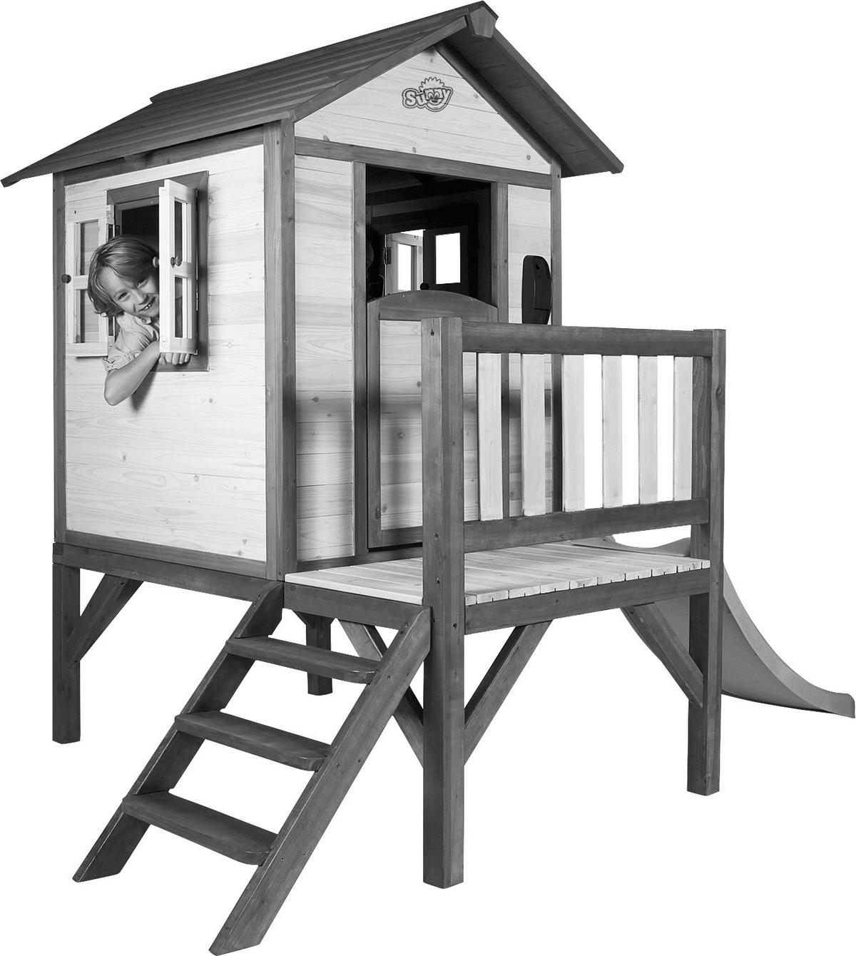 Stelzenspielhaus Holz Mit Rutsche Weiß/ Grau Sunny Lodge - Schwarz/Weiß, Holz (260/190/167cm) - Ambia Garden
