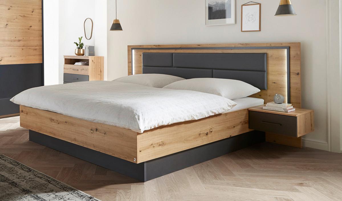 Doppelbett Mit Nachtkästchen 180x200 Cm Bilbao Grau/eiche - Eichefarben/Grau, Design, Holzwerkstoff/Textil (180/200cm) - Rauch Möbel