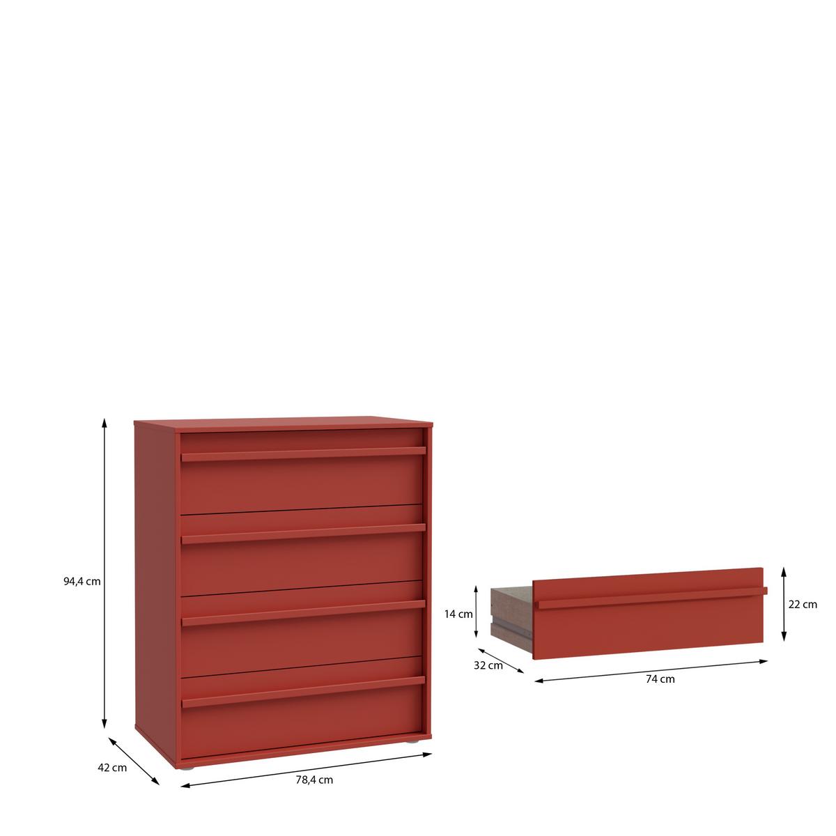 Komoda se 4 zásuvkami, š: 78,4 cm - červená, Moderní, kompozitní dřevo (78,4/94,4/42cm)