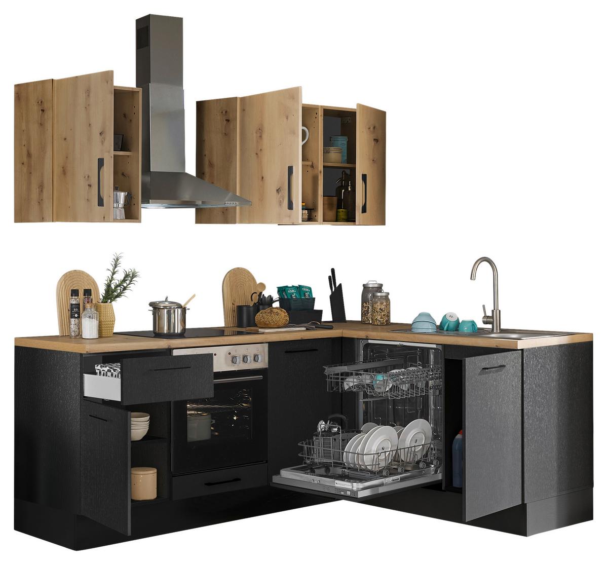 Eckküche Turin Schwarz/Eiche Dekor 220x175 cm - Schwarz/Eiche Artisan, Basics, Holzwerkstoff (220/175cm) - MID.YOU