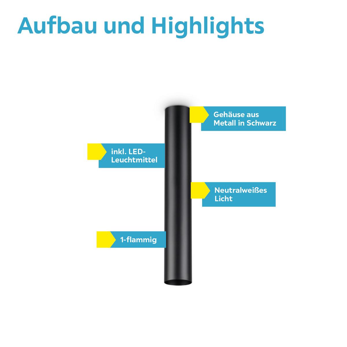 LED-Deckenleuchte Look Ø 6 cm 1-Flammig Zylindrisch - Schwarz, KONVENTIONELL, Metall (6/40cm) - Ideal Lux