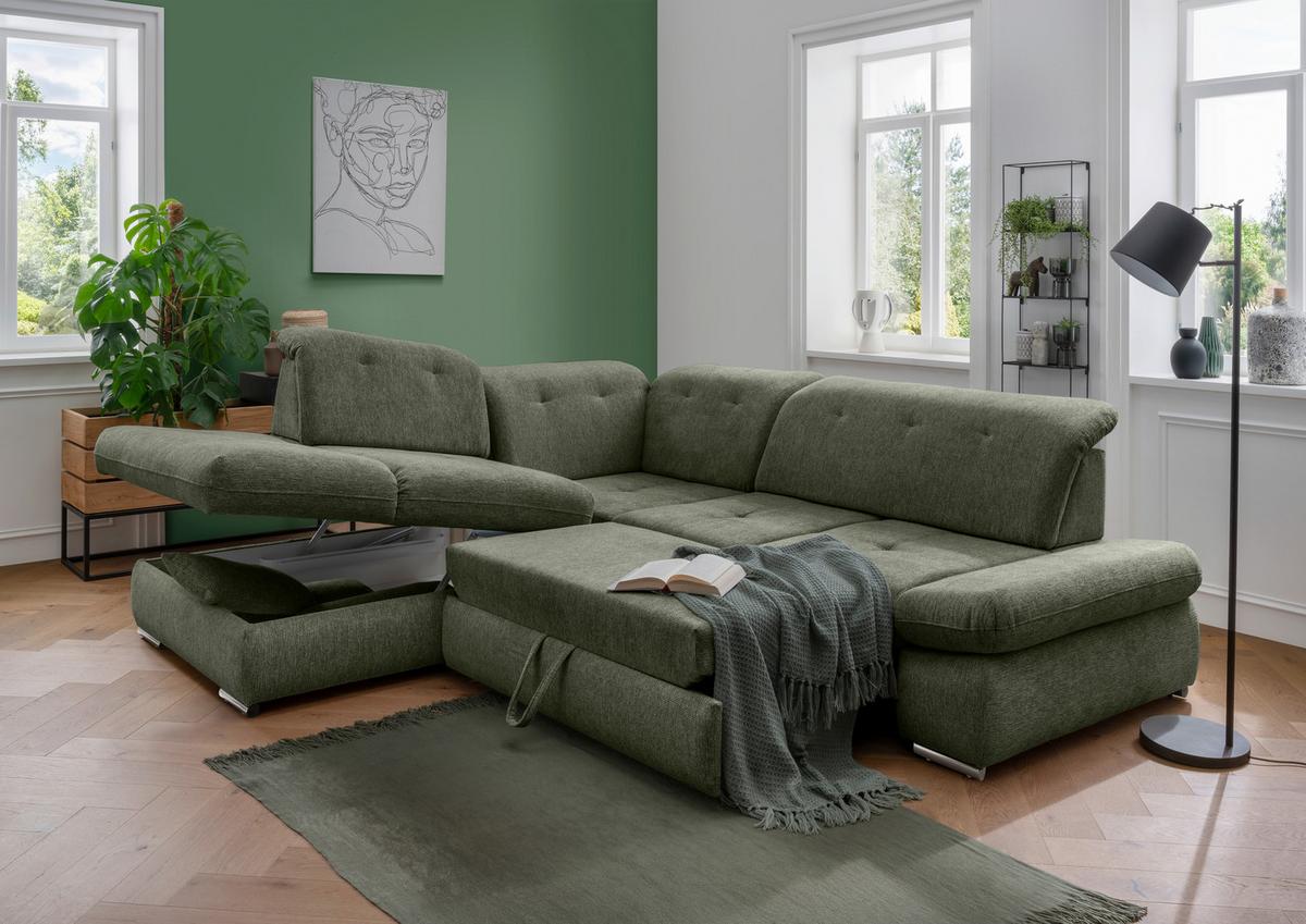 Ecksofa Dalida Dunkelgrün S: 254x280cm - Chromfarben/Dunkelgrün, Design, Textil (254/280cm) - Livetastic