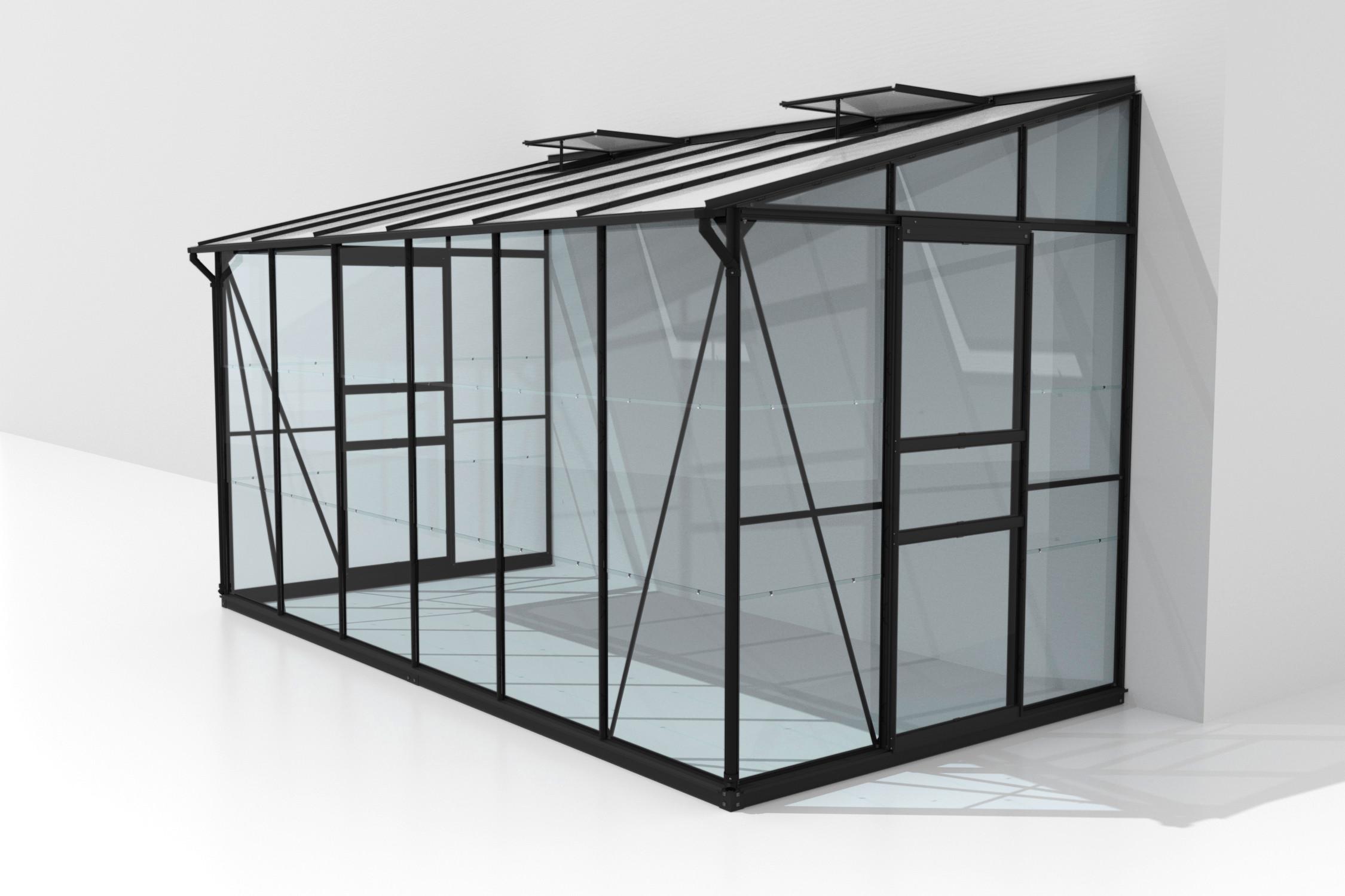 Anlehn-Gewächshaus mit Pultdach und Aluminiumrahmen in Schwarz