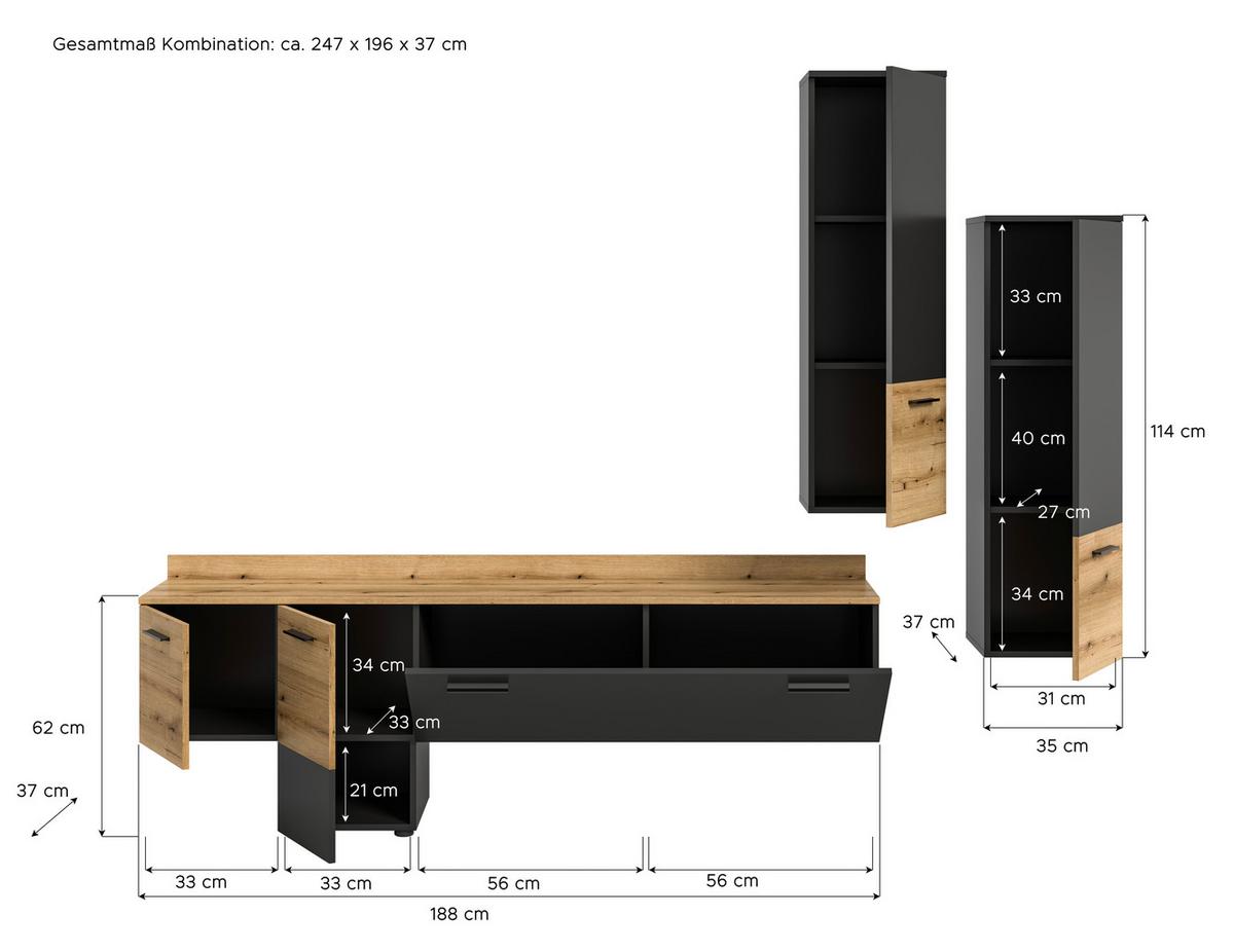 Szekrénysor Goal - tölgyfa/szürke, Design, faalapú anyag (247/196/37cm) - Livetastic