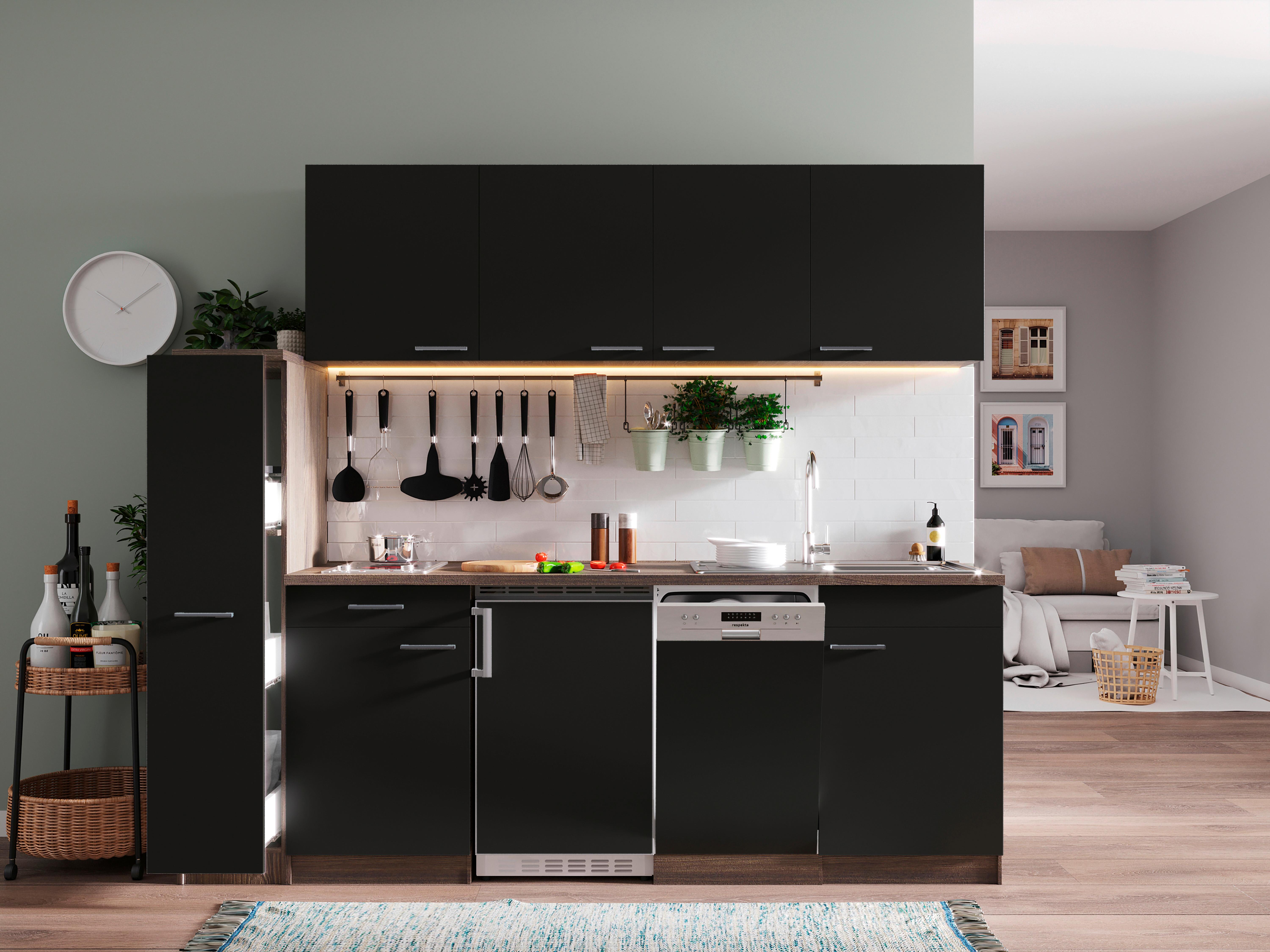 KÜCHENBLOCK OLIVER SINGLEKÜCHE 225 CM - Eichefarben/Schwarz, Basics, Holzwerkstoff (225cm) - Respekta