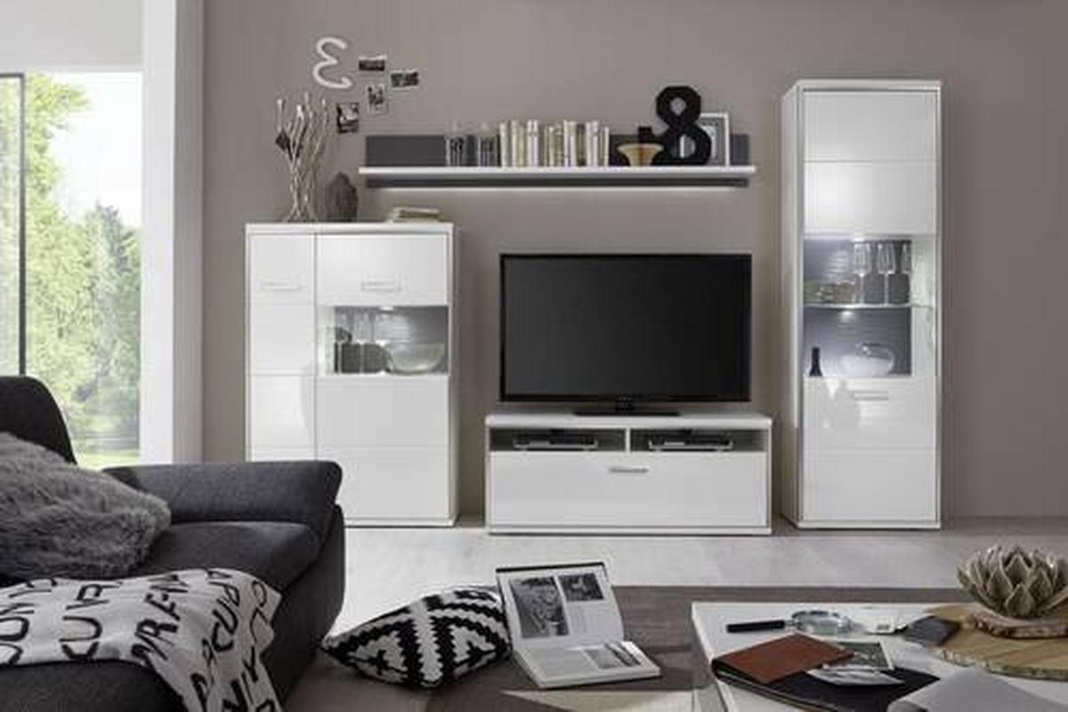 Wohnkombination 4-Tlg. Trento Grau/Silbern/Weiß - Weiß Hochglanz/Silberfarben, Design, Glas/Holzwerkstoff (301/201/52cm) - Livetastic