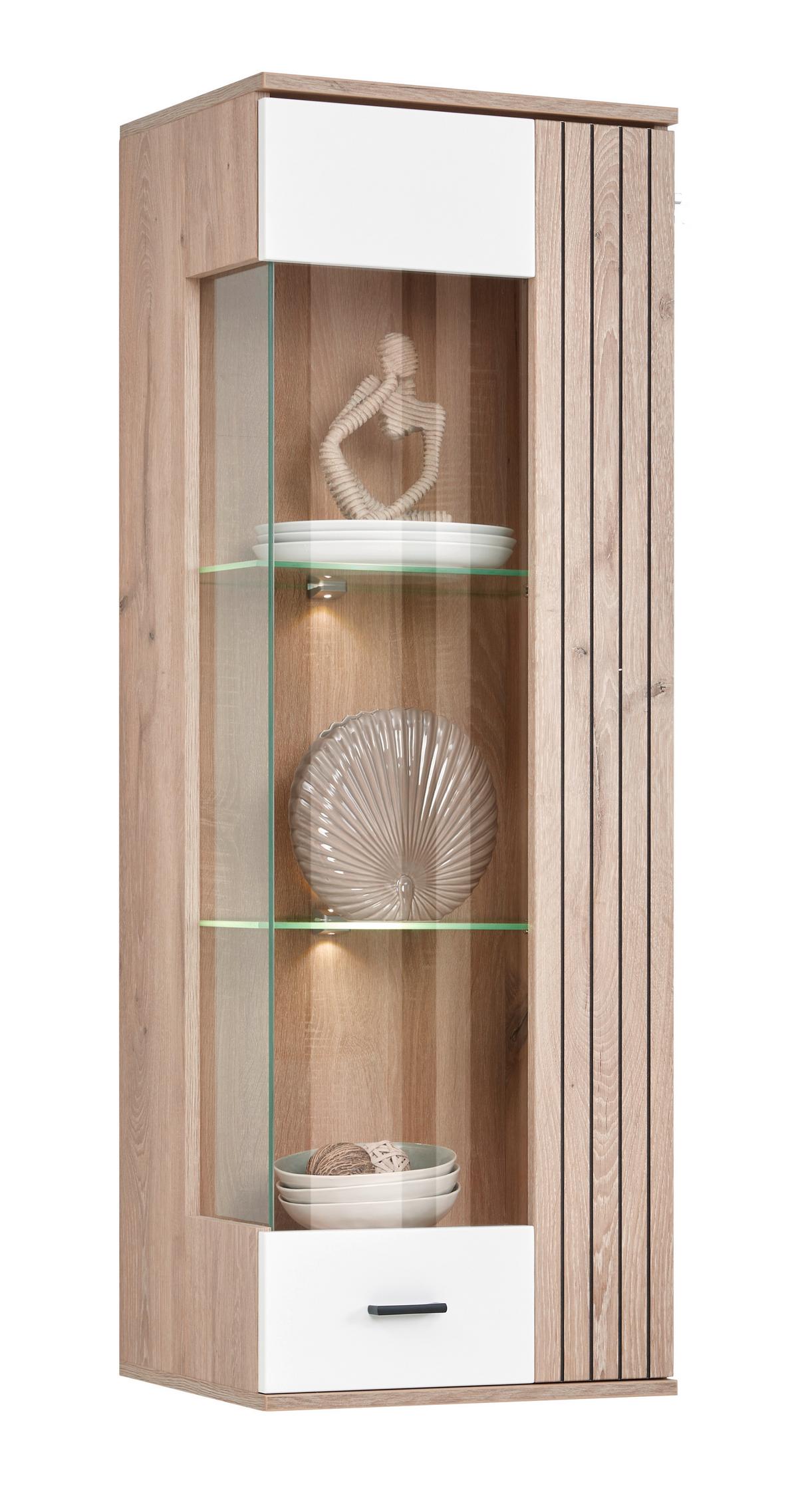 ZÁVĚSNÁ VITRÍNA LIVERPOOL - bílá/barvy dubu, Moderní, kov/kompozitní dřevo (45/129/38cm)