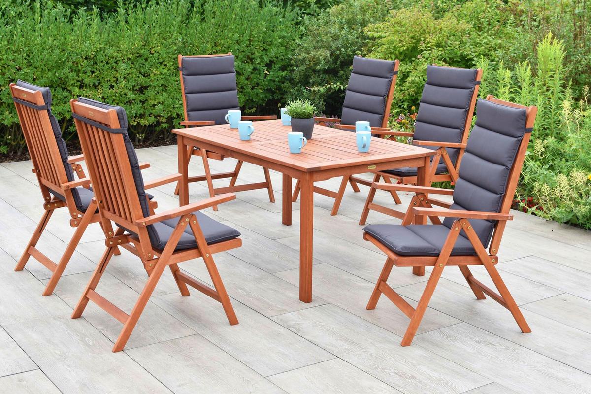 Gartentischgruppe Vitoria 7-Tlg. Aus Holz Mit Auflagen - Eukalyptusholzfarben/Grau, KONVENTIONELL, Holz/Textil - Gardenson