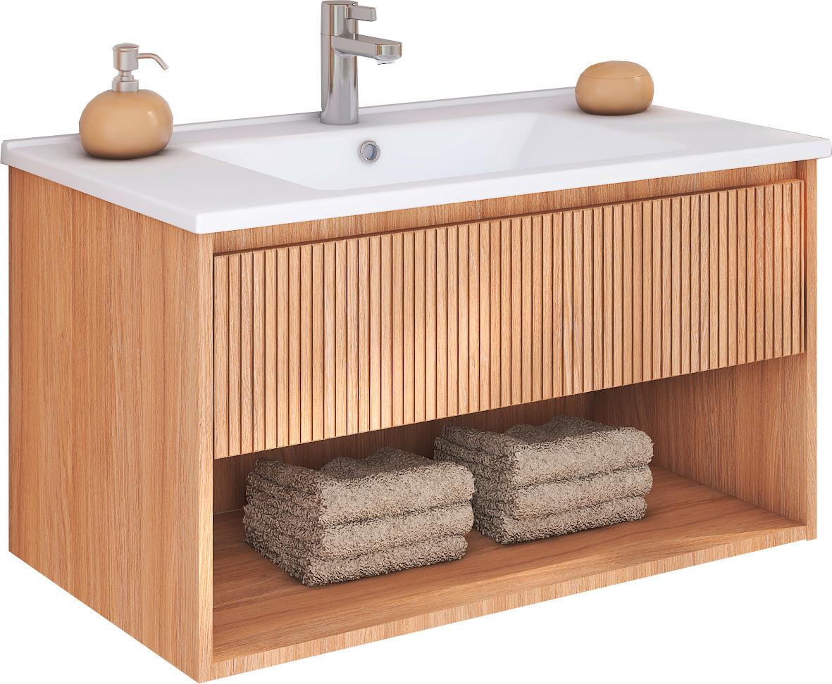 Waschtischkombi Andora Eichenfarben B: 80 Cm - Eichefarben/Weiß, MODERN, Keramik/Holzwerkstoff (80/50/46cm) - Ti'me