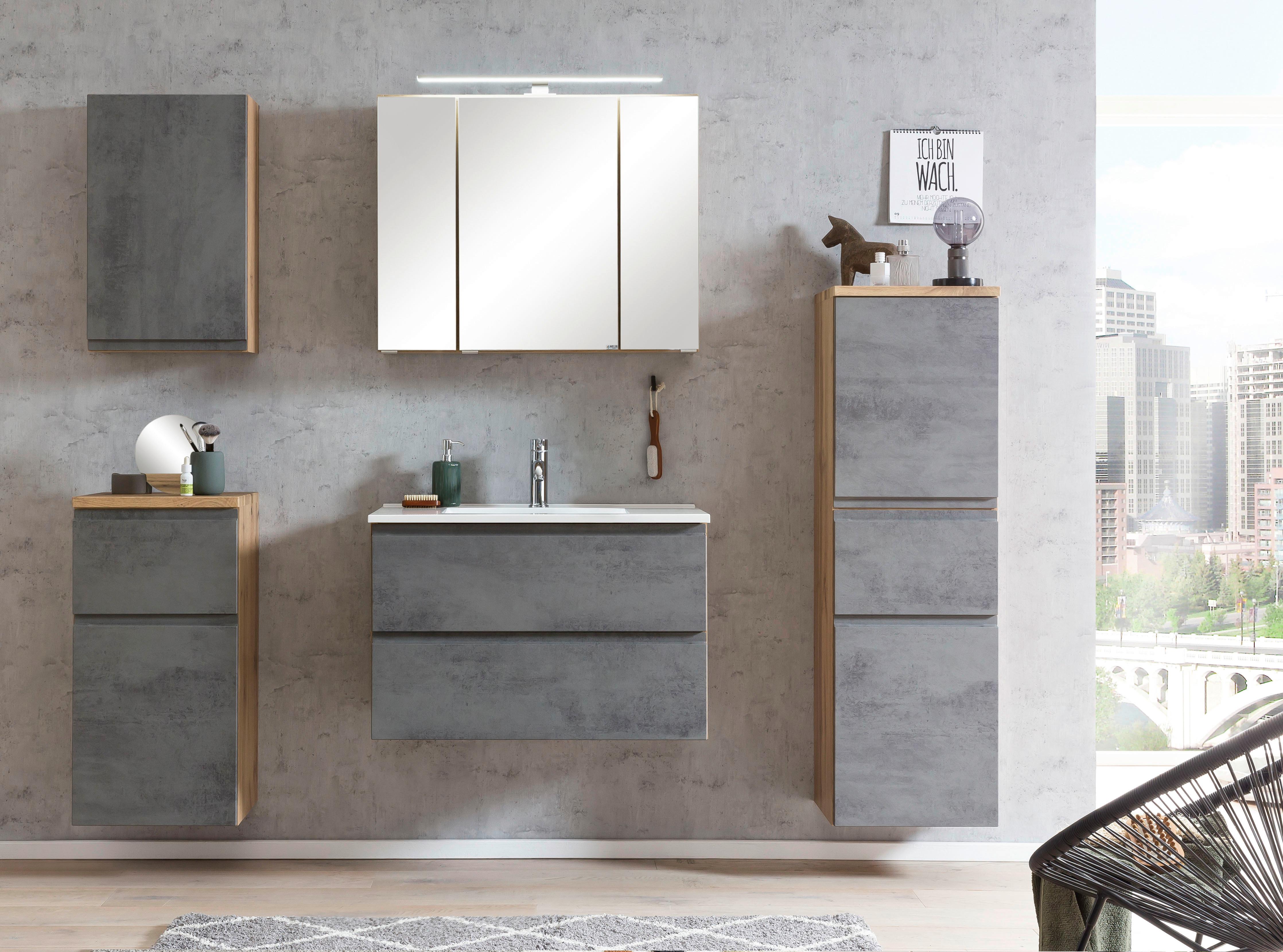Waschbecken mit Unterschrank Varese B: 80 cm Grau/Eiche - Eiche Wotan/Weiß, MODERN, Holzwerkstoff/Stein (80cm) - Held