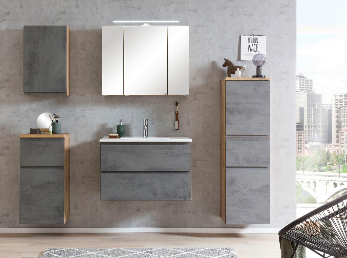 Waschbecken Mit Unterschrank Varese B: 80 Cm Grau/eiche - Eiche Wotan/Weiß, MODERN, Holzwerkstoff/Stein (80cm) - Held