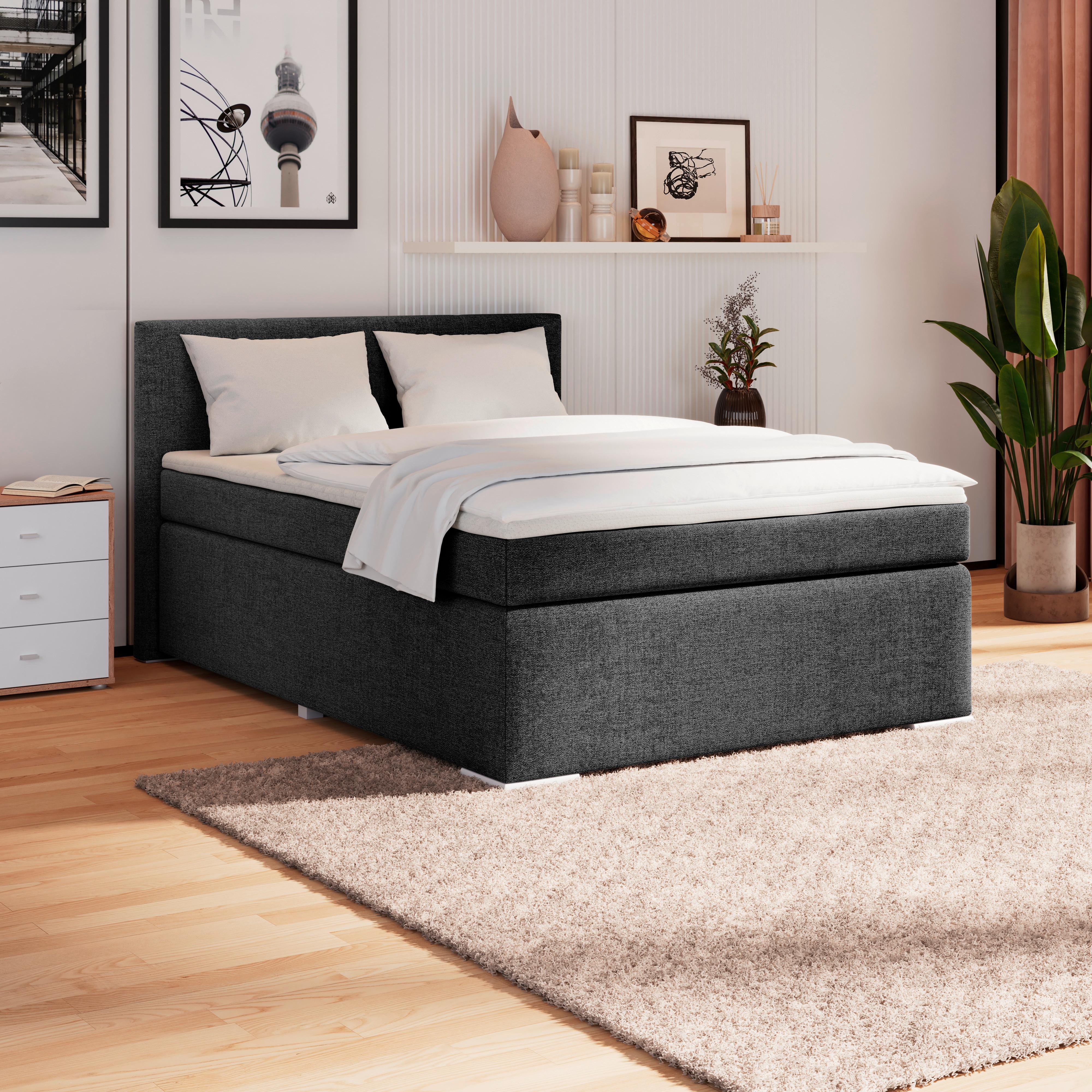 Boxpringbett Mira I Nordic, Lf: 140x200 cm - Alufarben/Schwarz, Basics, Textil (140/200cm)