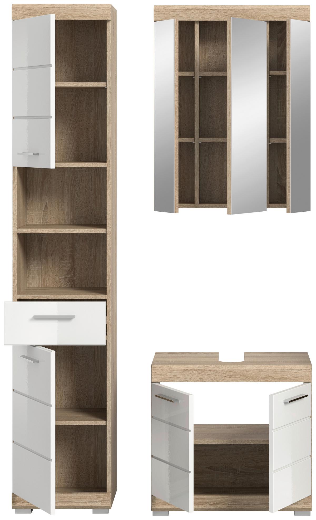 Badezimmer Lambada Eiche Dekor/Weiß B: 97 cm - Weiß Hochglanz/Silberfarben, MODERN, Glas/Holzwerkstoff (97cm) - MID.YOU