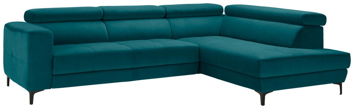 Rohová sedačka EMMA, pravá, petrolej.,op.hl.,USB,el.výsuv - petrolej/černá, Moderní, textil (301/210cm) - Premium Living