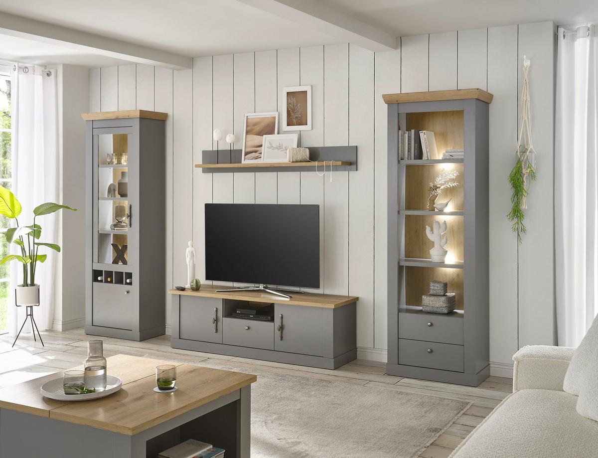 Wohnwand Chambord Hellgrau/Eichefarben B: 317cm - Eichefarben/Hellgrau, Design, Holzwerkstoff (317/201/44cm) - MID.YOU