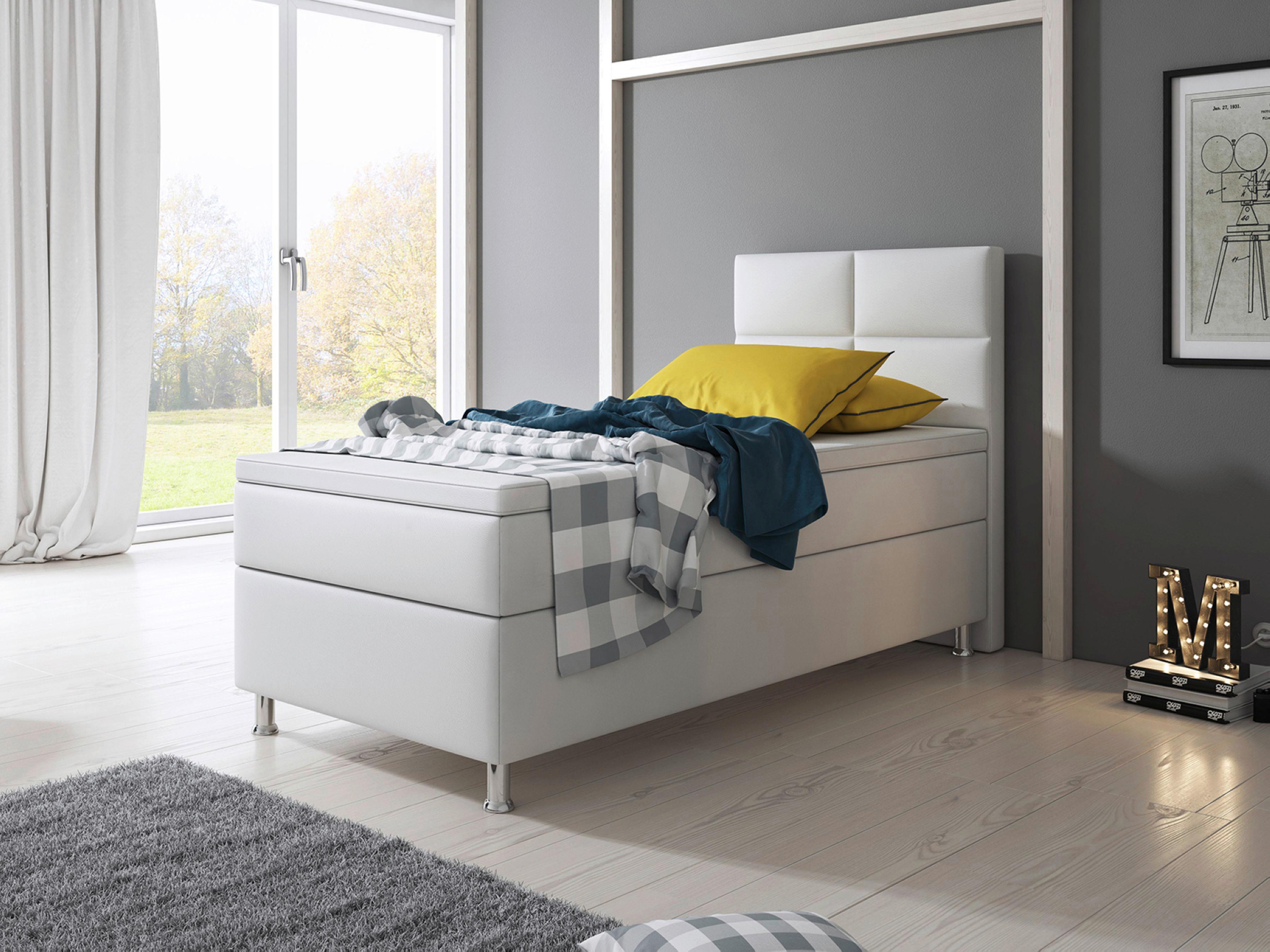 Boxspringbett Mit Topper Lederlook 90x210 Miami-F - Silberfarben/Weiß, KONVENTIONELL, Leder/Textil (90/115/210cm) - MID.YOU