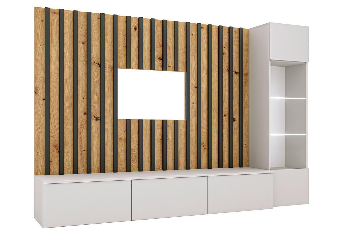Obývacia stena LAMEL - čierna/sivá, Design, kompozitné drevo/sklo (220/148/35cm) - MID.YOU