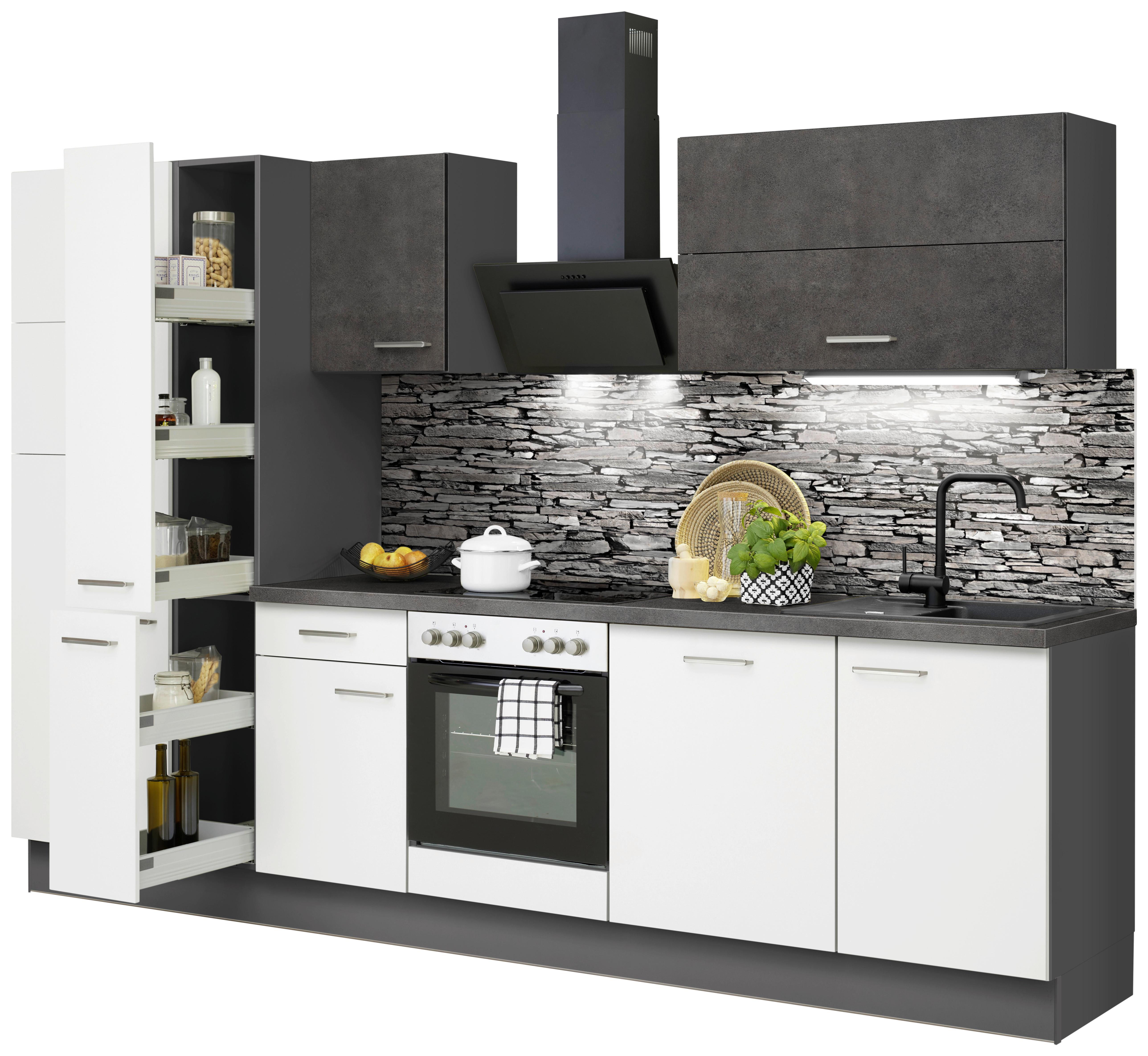 Küchenzeile Ip1200 mit Geräte B: 310 cm Weiß/Grau - Graphitfarben, Basics, Holzwerkstoff (310cm) - Impuls