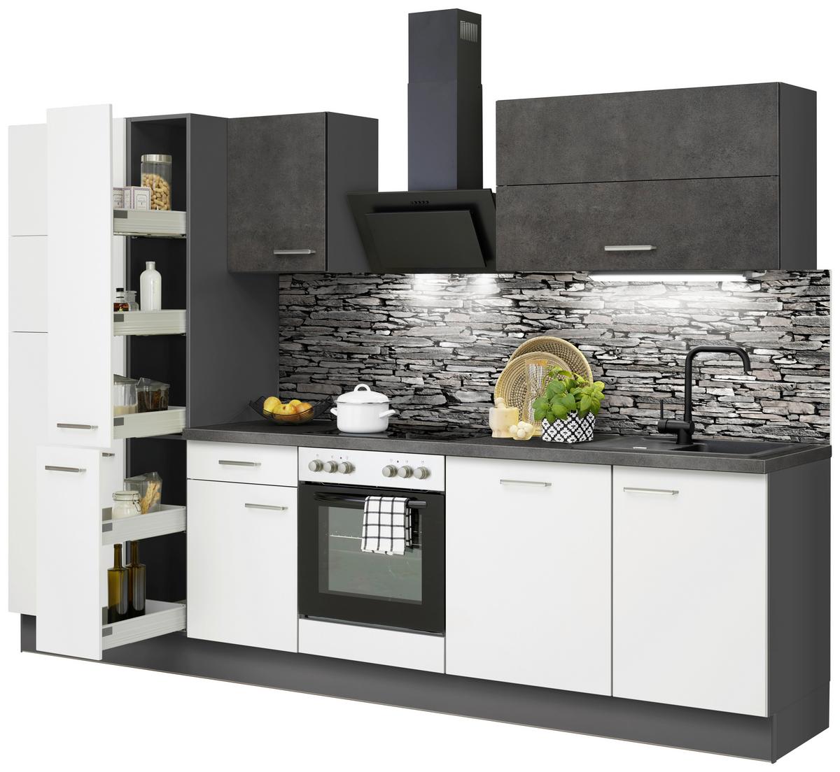 Küchenzeile Ip1200 mit Geräte B: 310 cm Weiß/Grau - Graphitfarben, Basics, Holzwerkstoff (310cm) - Impuls