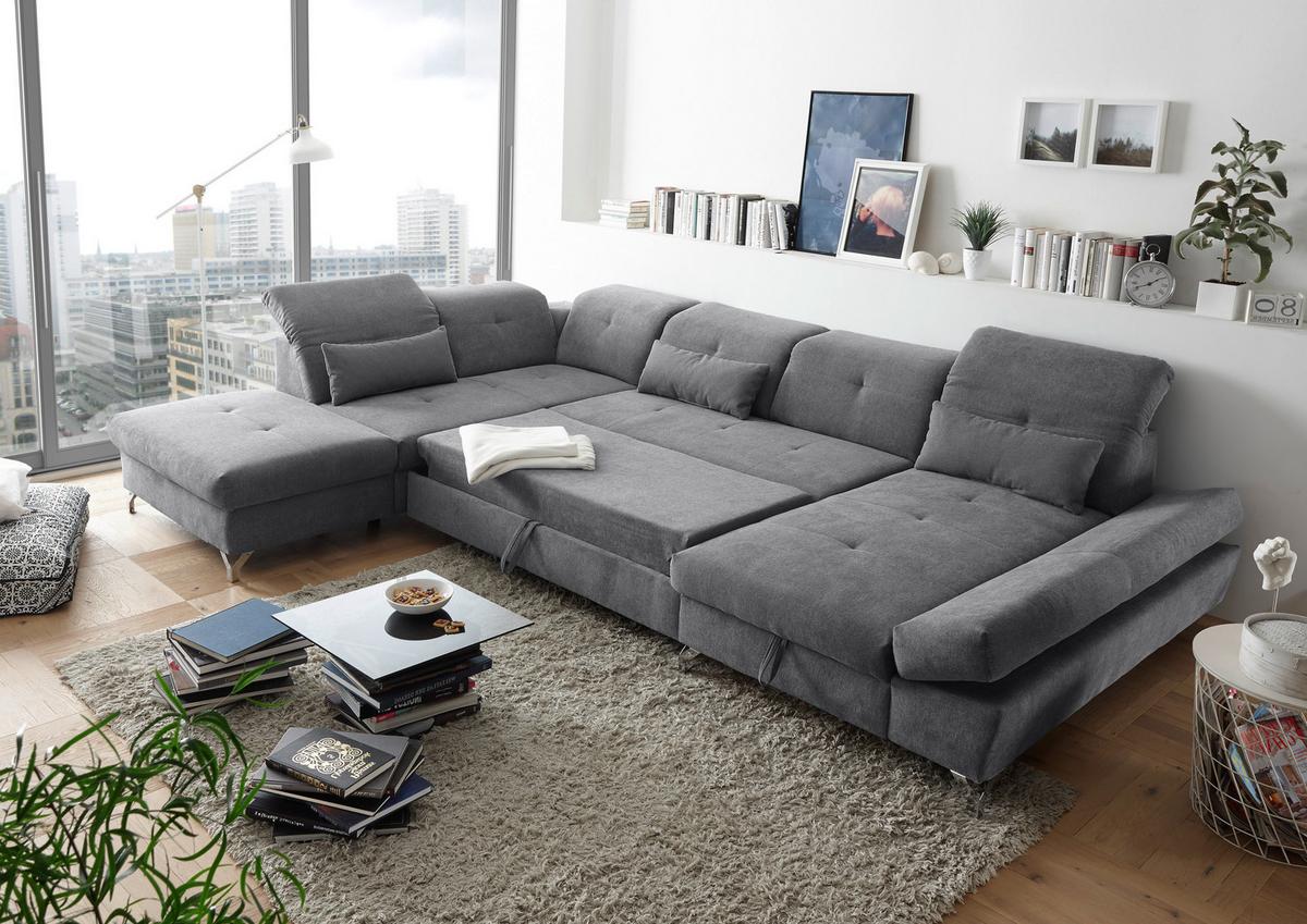 Ecksofa Melfi Dunkelgrau U: 245 cm - Dunkelgrau/Silberfarben, MODERN, Textil (245/350/168cm) - MID.YOU