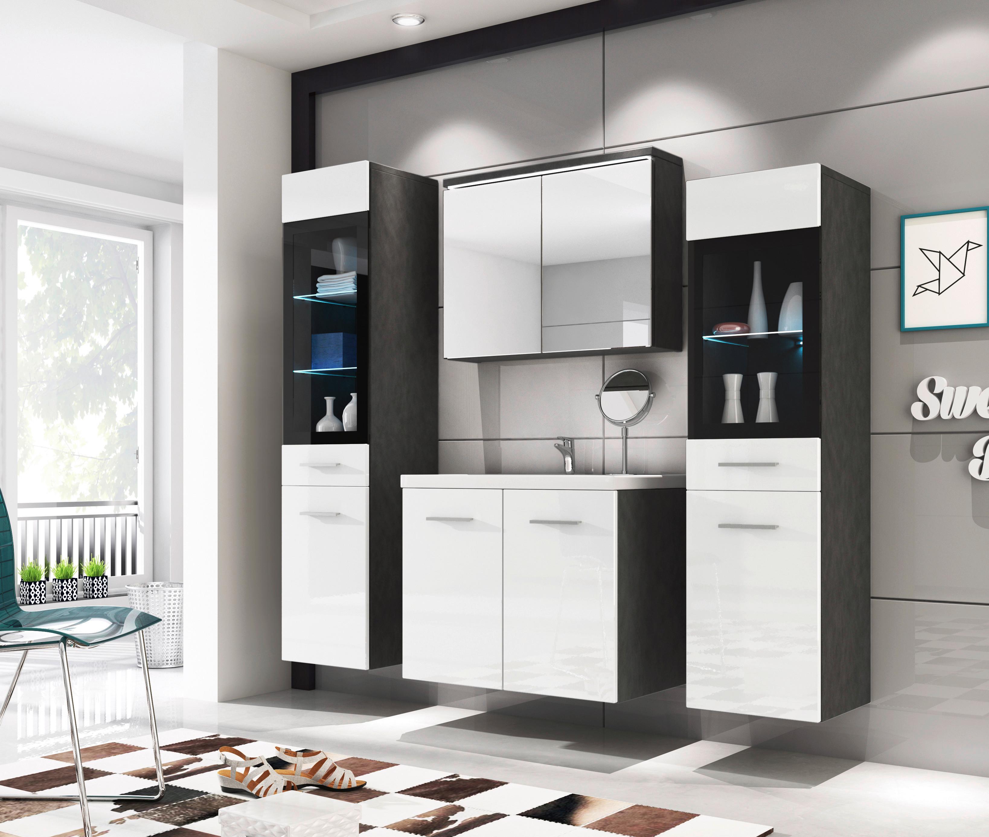 Badmöbel-Set 5-Tlg. inkl. LED Madrit Anthrazit/Weiss Hg - Weiß Hochglanz/Anthrazit, Basics, Glas/Holzwerkstoff (120cm) - P & B