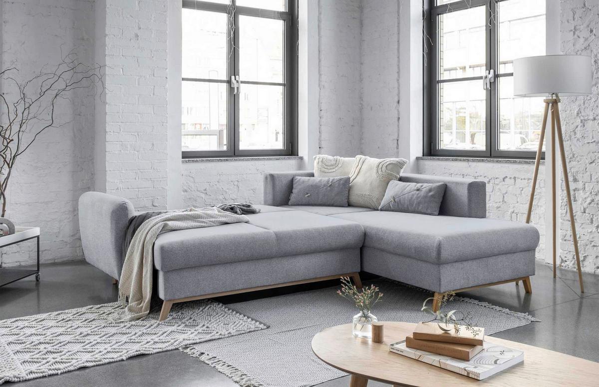 Sedačka LUCILE L, pravá, sv.sivá, úl.priestor a lôžko - prírodná farba/svetlosivá, drevo/textil (242/202cm) - MID.YOU