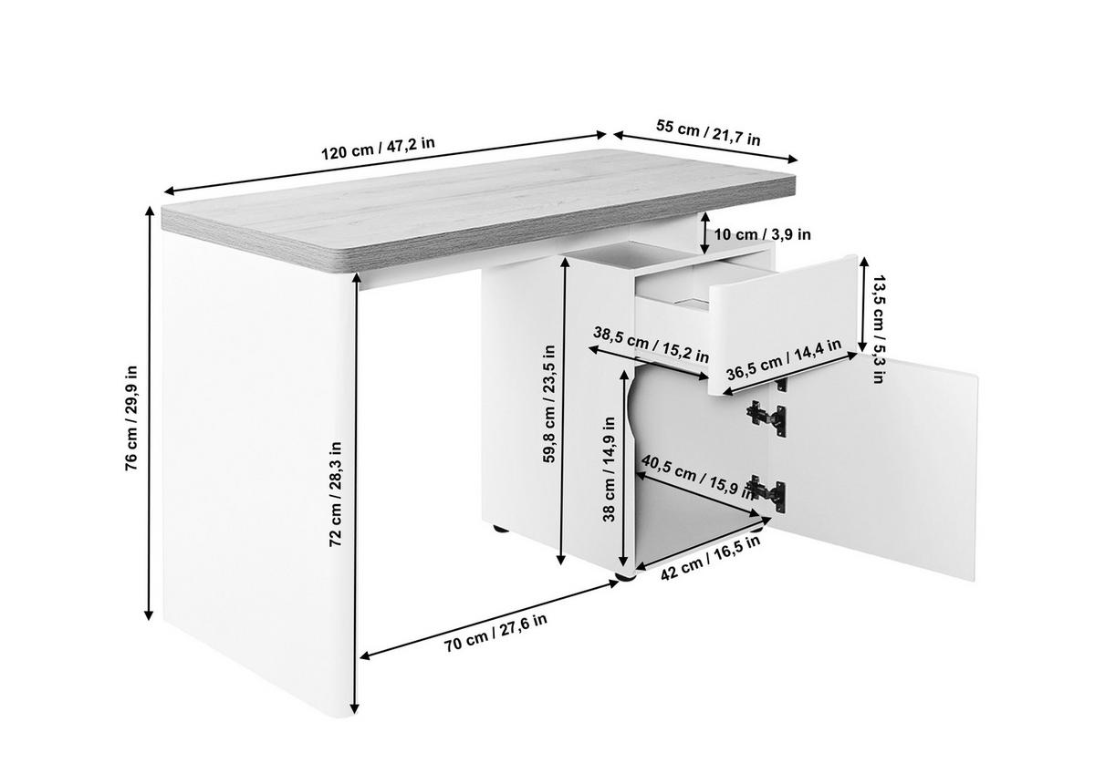 Schreibtisch B 120cm H 55cm Cuuba Libre 122, Weiß - Eichefarben/Weiß, Design, Holzwerkstoff (120/55/76cm)