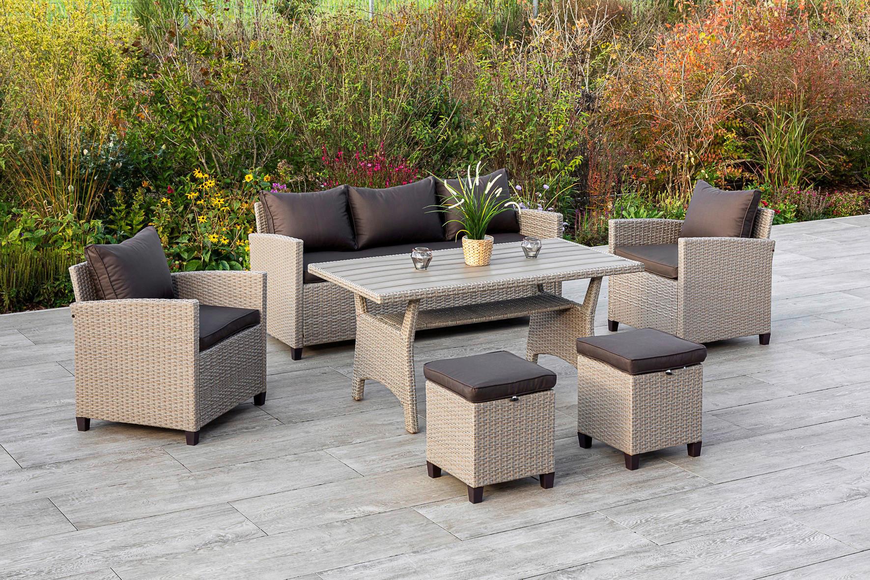 Loungegarnitur 16-Tlg. Striano inkl. Kissen - Dunkelbraun/Naturfarben, KONVENTIONELL, Kunststoff/Textil (172/75/65cm) - Gardenson