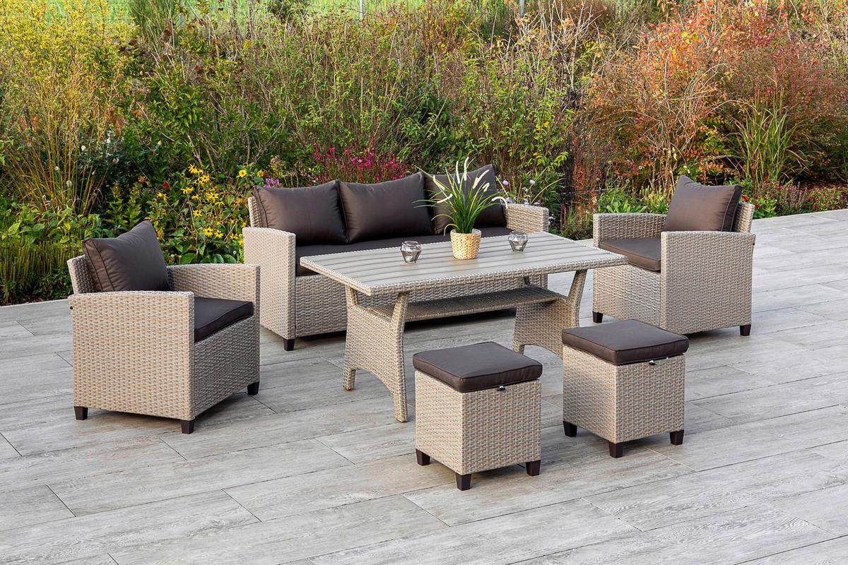 Loungegarnitur 16-tlg. Striano Inkl. Kissen - Dunkelbraun/Naturfarben, KONVENTIONELL, Kunststoff/Textil (172/75/65cm) - Gardenson