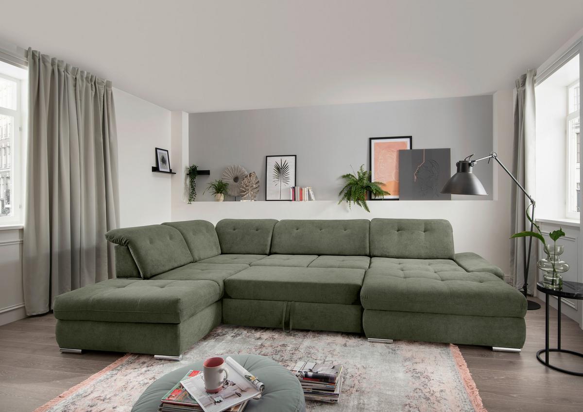 Wohnlandschaft Dalida Dunkelgrün U: 254x376x195 Cm - Chromfarben/Dunkelgrün, Design, Textil (254/376/195cm) - Livetastic