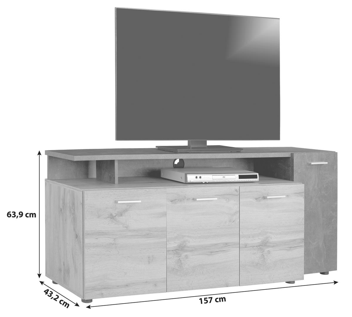 Phonotisch Karl 157 cm Betonoptik Dunkel/Eiche Dekor - Eichefarben/Dunkelgrau, MODERN, Holzwerkstoff (157/63,9/43,2cm)