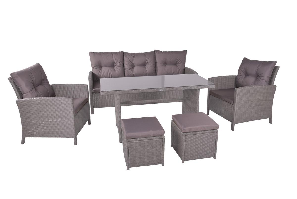 Gartengarnitur 6-tlg Sevilla Metall/kunststoff/glas +kissen - Dunkelgrau/Schwarz, MODERN, Glas/Kunststoff - Gardenson