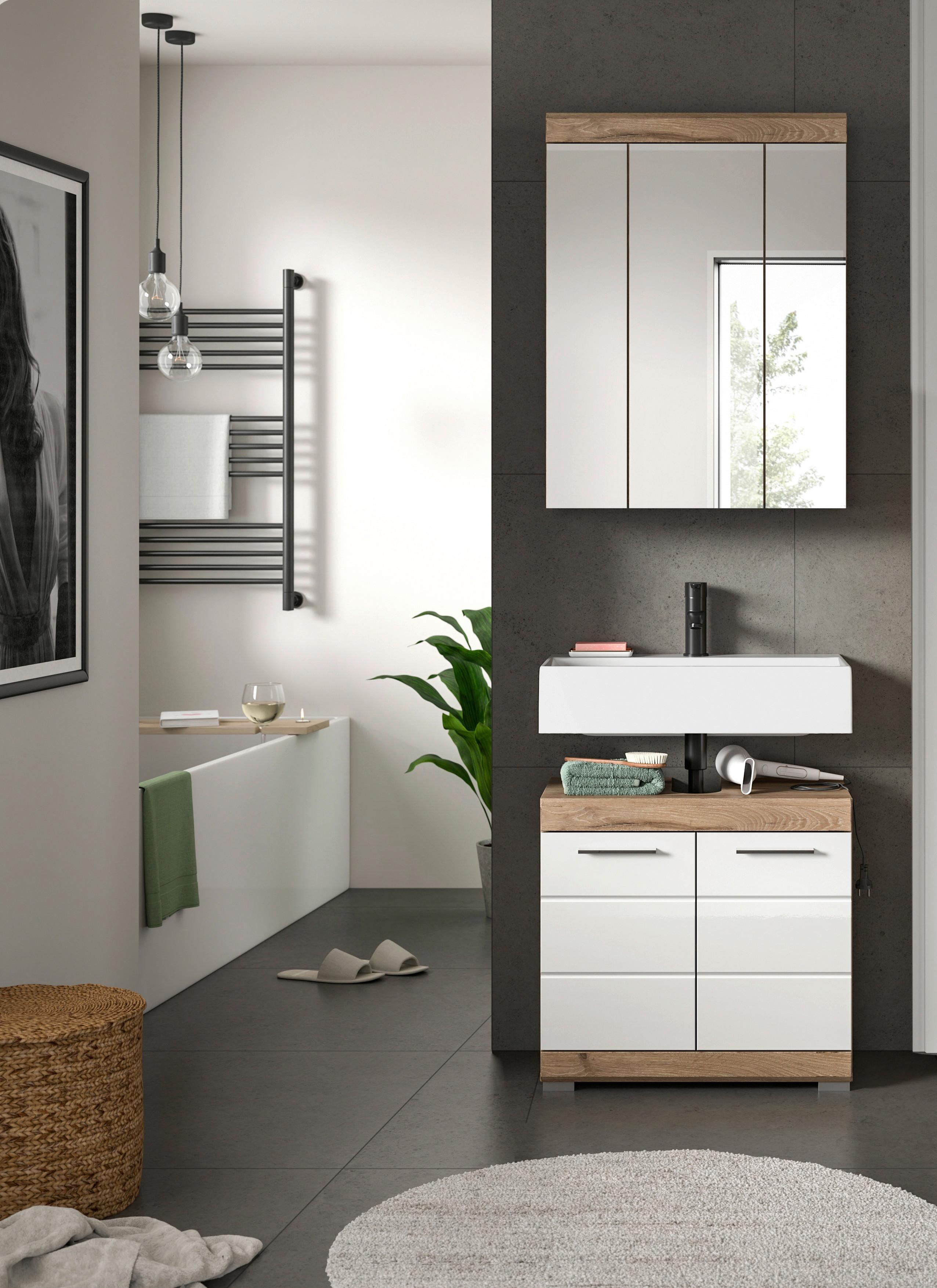 Badezimmer Wave Eichefarben Dekor Weiß Hg - Eichefarben/Weiß Hochglanz, MODERN, Glas/Holzwerkstoff (60cm) - MID.YOU