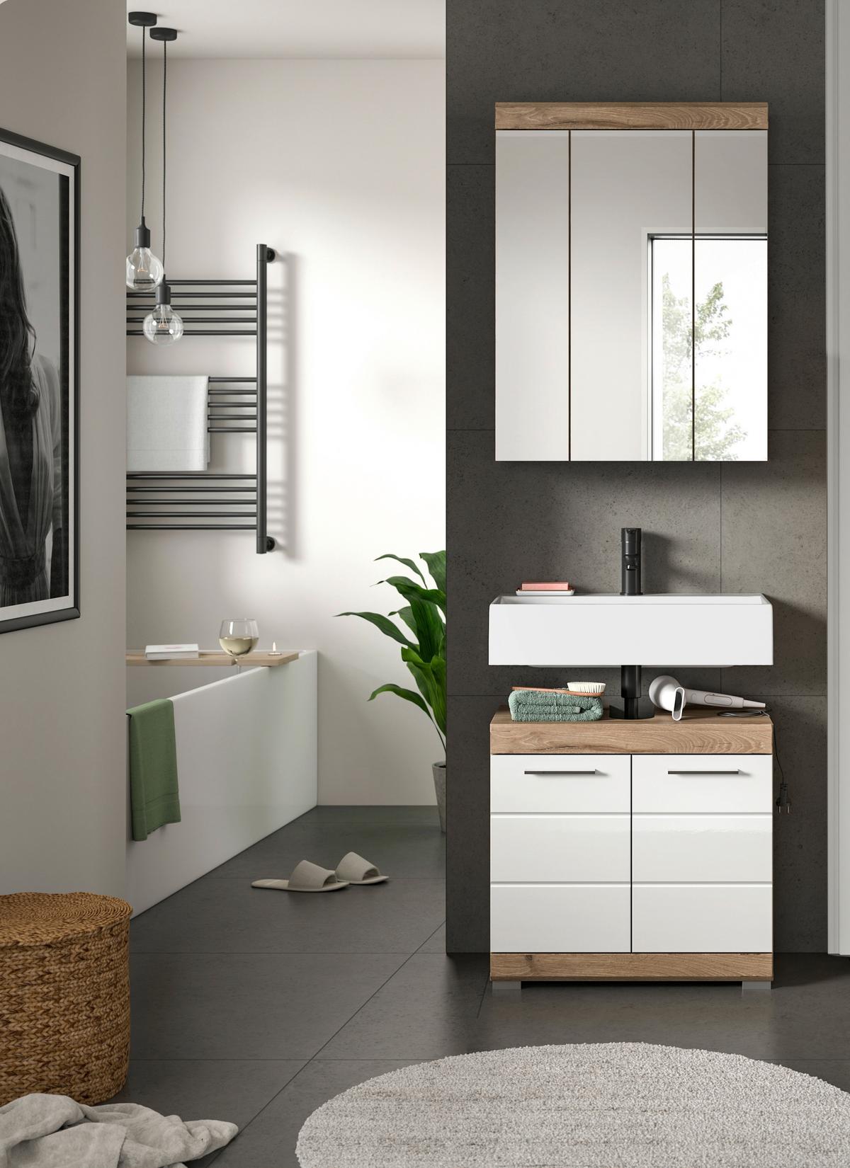 Badezimmer Wave Eichefarben Dekor Weiß Hg - Eichefarben/Weiß Hochglanz, MODERN, Glas/Holzwerkstoff (60cm) - MID.YOU