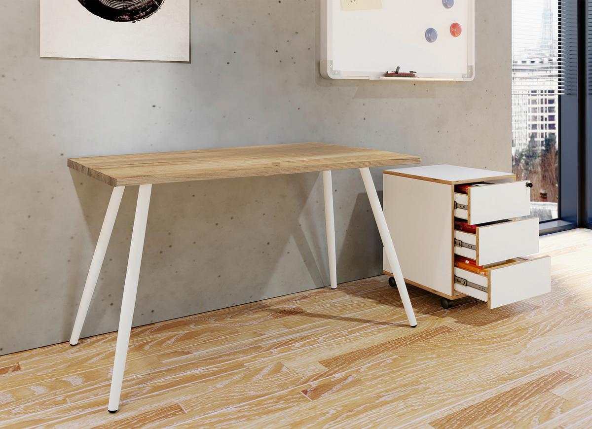 Schreibtisch Salia Weiß/Honigeichefarben: L:138cm - Honigeiche/Weiß, MODERN, Holzwerkstoff/Metall (138/80/70cm) - MID.YOU