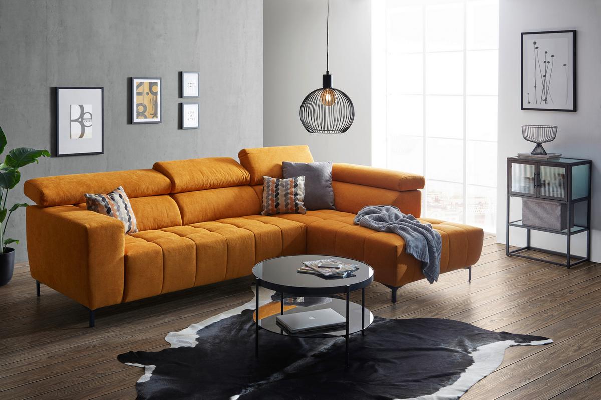 Rohová sedačka TARRAGONA, pravá, žltá, el.výsuv - černá/žlutá, Moderní, textil (295/201cm)