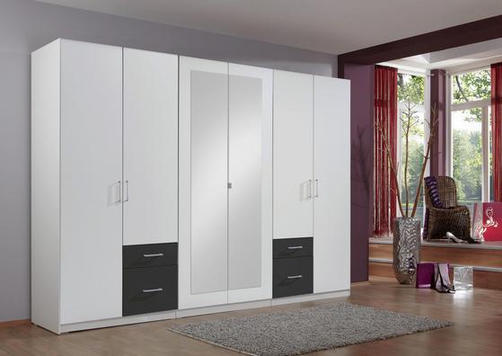 Sechstüriger Kleiderschrank in Weiß und Graphit Dekor mit Schubladen Sechstüriger Kleiderschrank in Weiß und Graphit Dekor mit Schubladen