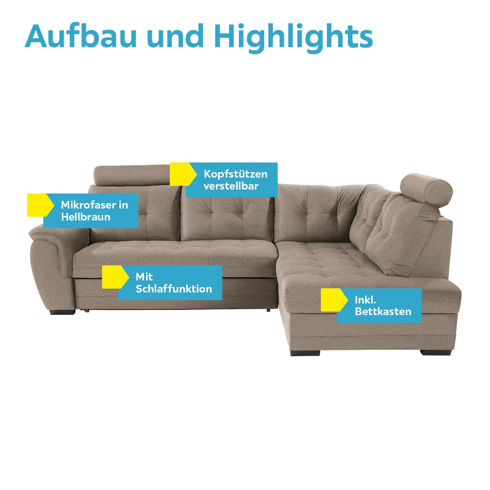Ecksofa mit Schlaffunktion + Bettkasten Falco, Mikrofaser - Hellbraun/Dunkelbraun, KONVENTIONELL, Textil (251/183cm) - Ondega
