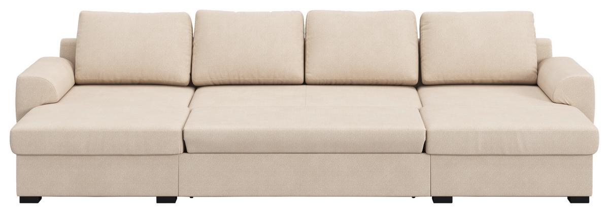 Wohnlandschaft m. Bettfunktion Mikrofaser natur, B: 327cm - Schwarz/Naturfarben, Trend, Textil (154/327/86cm) - MID.YOU