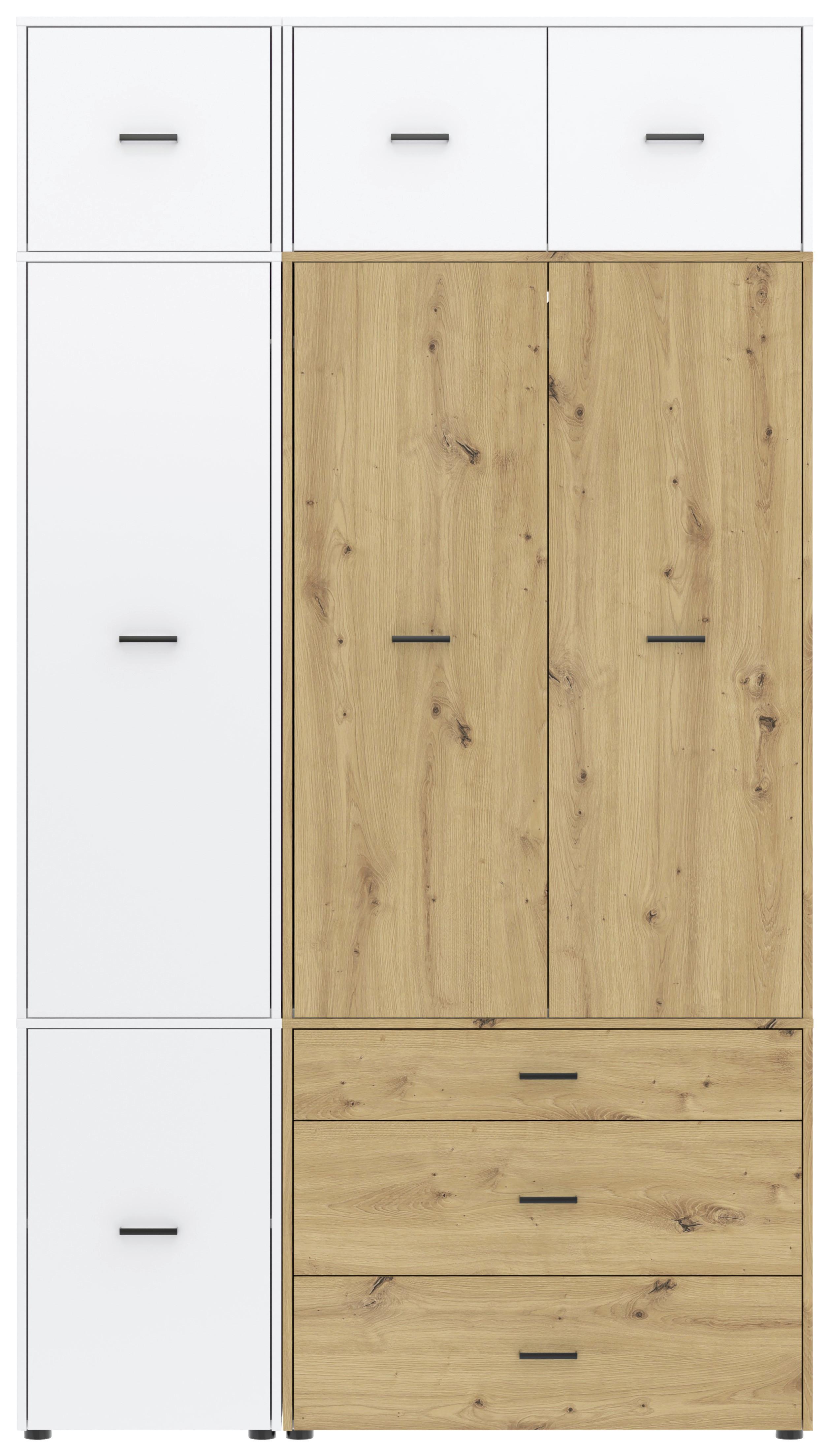 Drehtürenschrank m. Schubladen 135 cm Kivo, Weiß/Eiche
