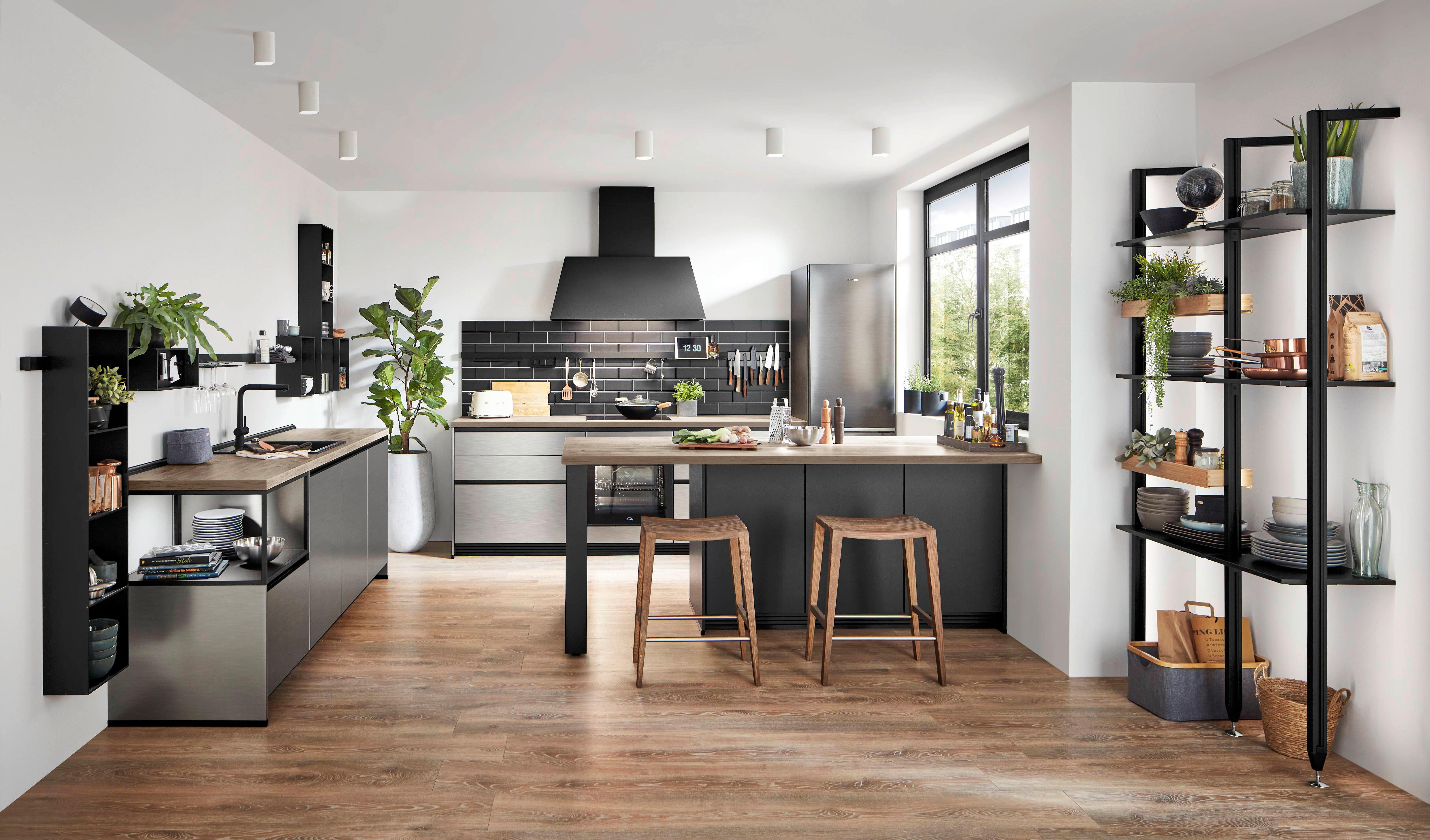 Einbauküche Indiana Frei Planbar Modern, Grifflos - Edelstahlfarben, MODERN, Holzwerkstoff - Vertico