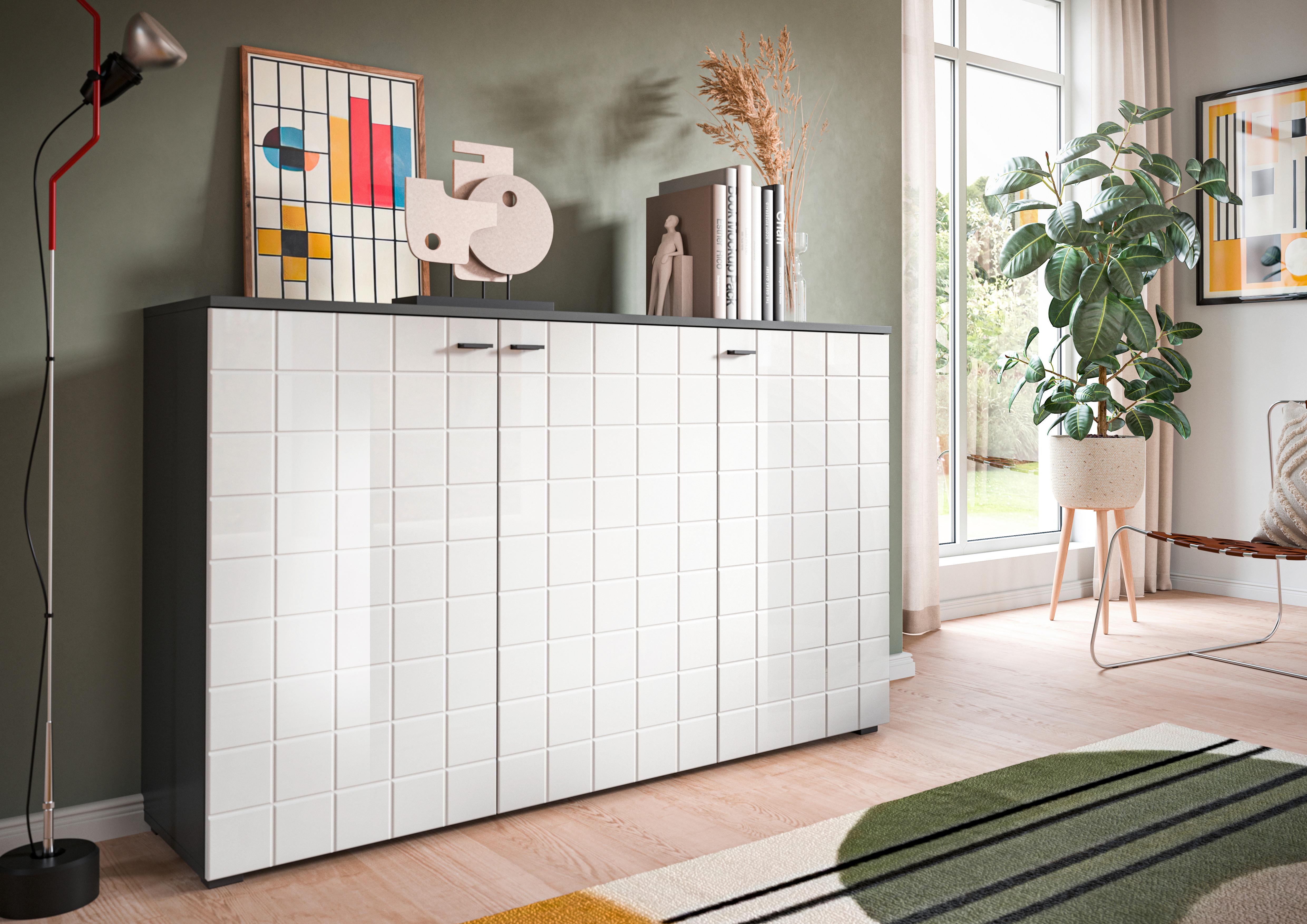 Sideboard Monte Weiß B: 138 Cm - Weiß Hochglanz/Schwarz, Design, Holzwerkstoff (138/87/37cm) - MID.YOU