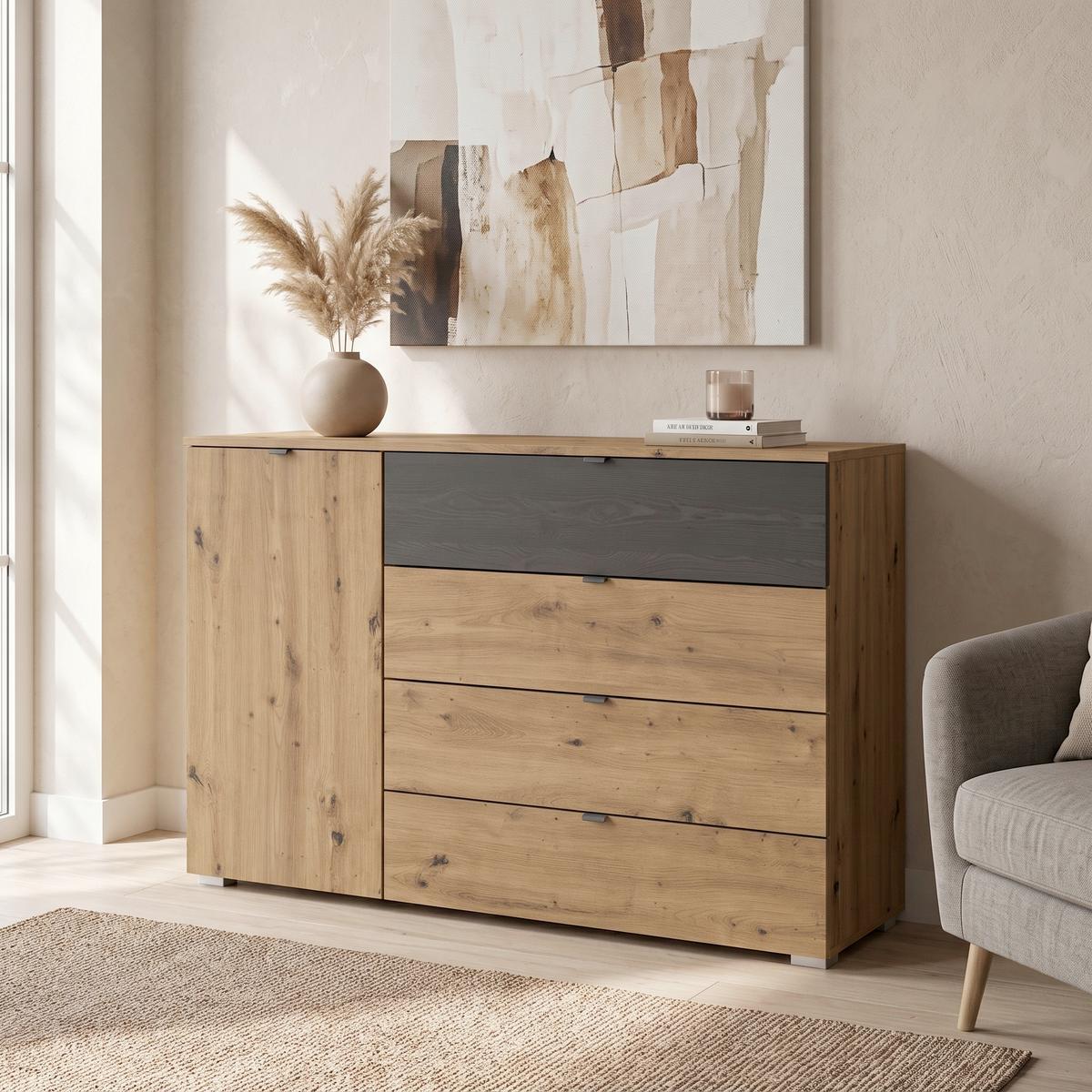 Kommode Apollon Schwarz/Eiche Artisan B: 120cm - Alufarben/Schwarz, MODERN, Holzwerkstoff (120/81/42cm) - Rauch Möbel