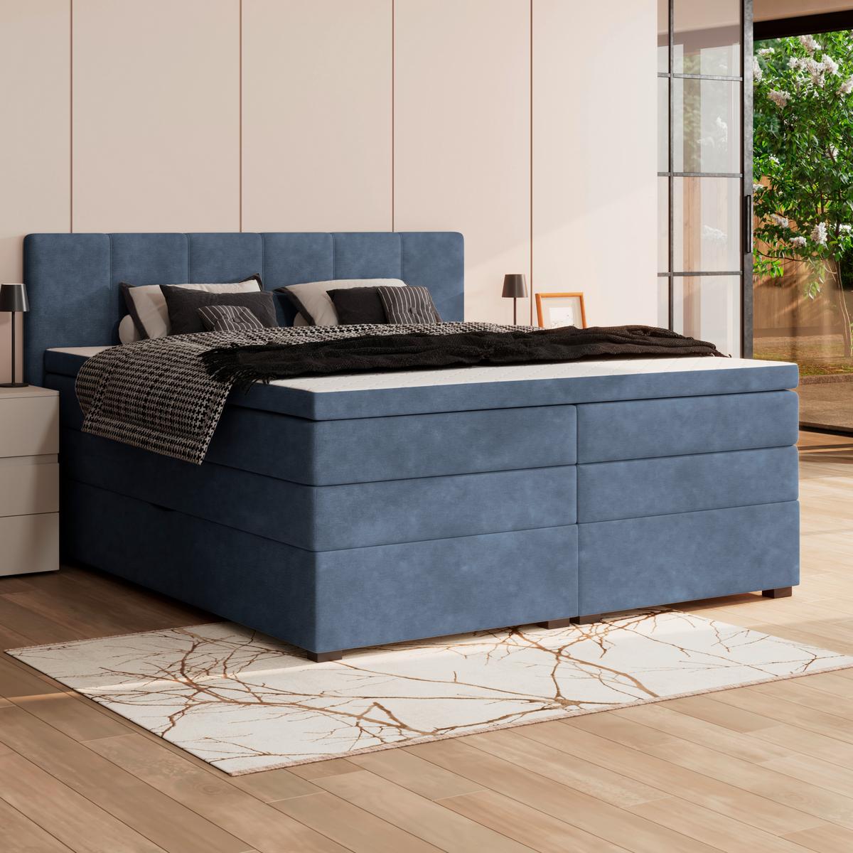 Boxspringbett mit Topper & Bettkasten 200x200 Lauro - Blau/Schwarz, Trend, Textil (200/200cm)