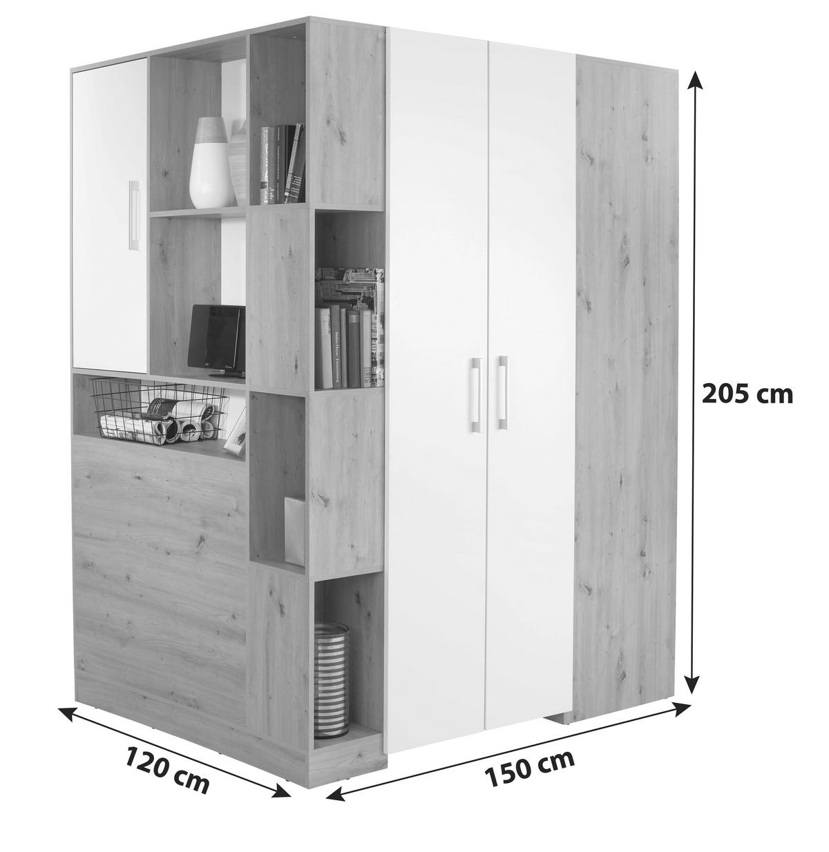Eckschrank Begehbar Mit Regal 120cm Box, Eiche Dekor/weiß - Weiß/Eiche Artisan, MODERN, Holzwerkstoff (120/205/150cm) - Ondega