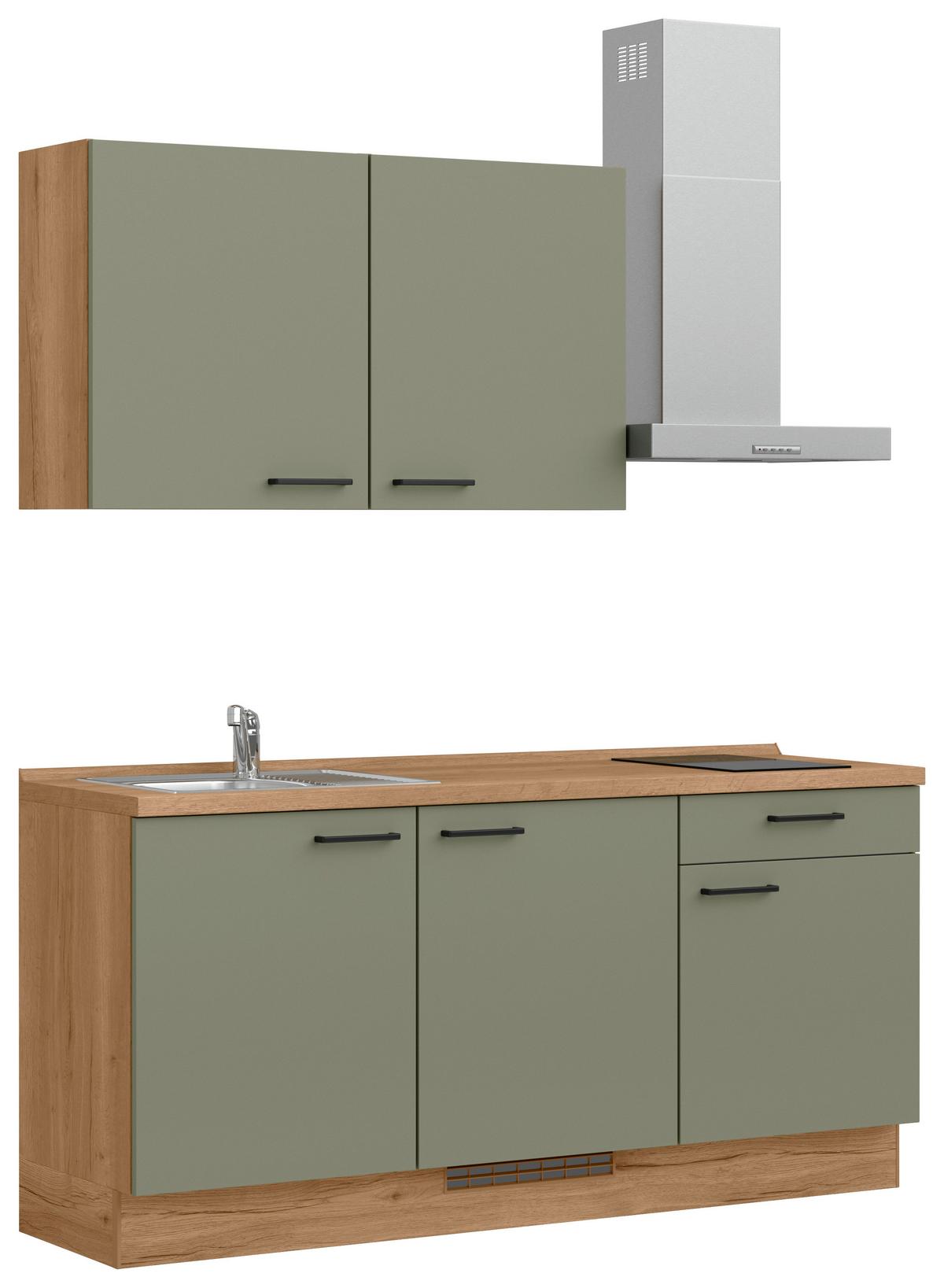 Kuchyňská linka 180 cm, olivově zelená - barvy dubu/černá, Moderní, kov/kompozitní dřevo (180cm) - Nobilia