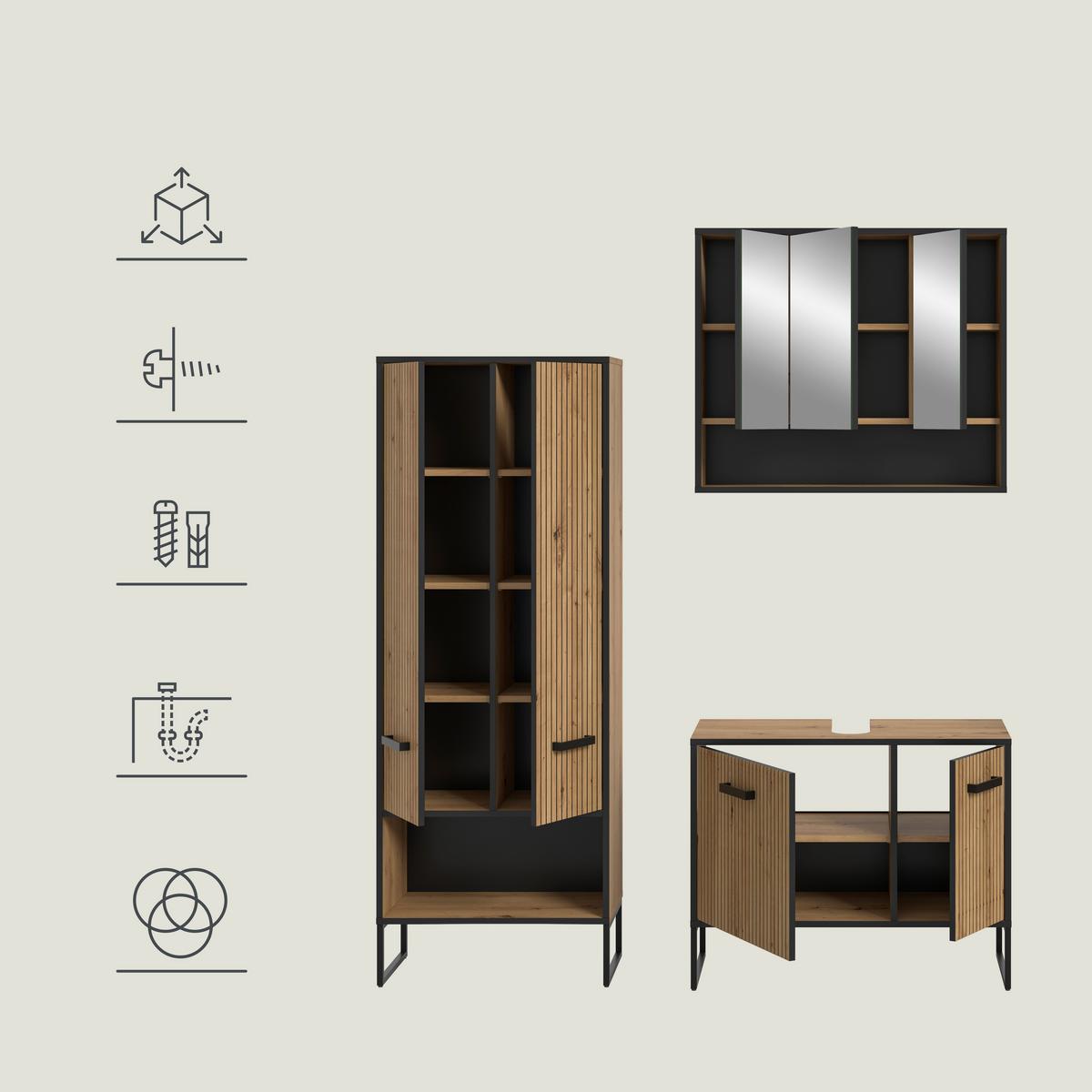 Badezimmer Bagno Schwarz /Eiche Artisan Dekor B: 139cm - Schwarz/Eiche Artisan, Trend, Glas/Holzwerkstoff (139cm) - MID.YOU