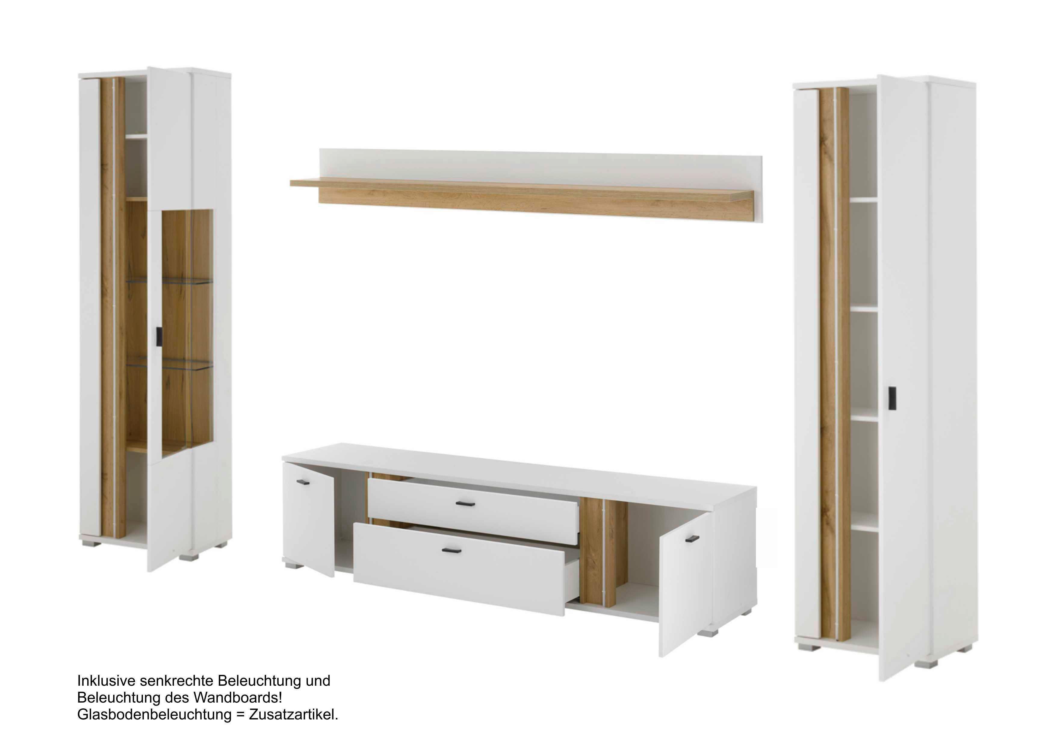 Wohnwand Long Island Weiß/Eiche Wotan B: 330cm - Silberfarben/Eiche Wotan, Design, Glas/Holzwerkstoff (330/200/42cm) - MID.YOU