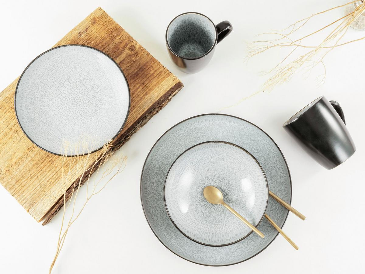 Kombiservice Malmö Schwarz, Grauweiß 16--Teilig - Grauweiß/Schwarz, Basics, Keramik - Creatable