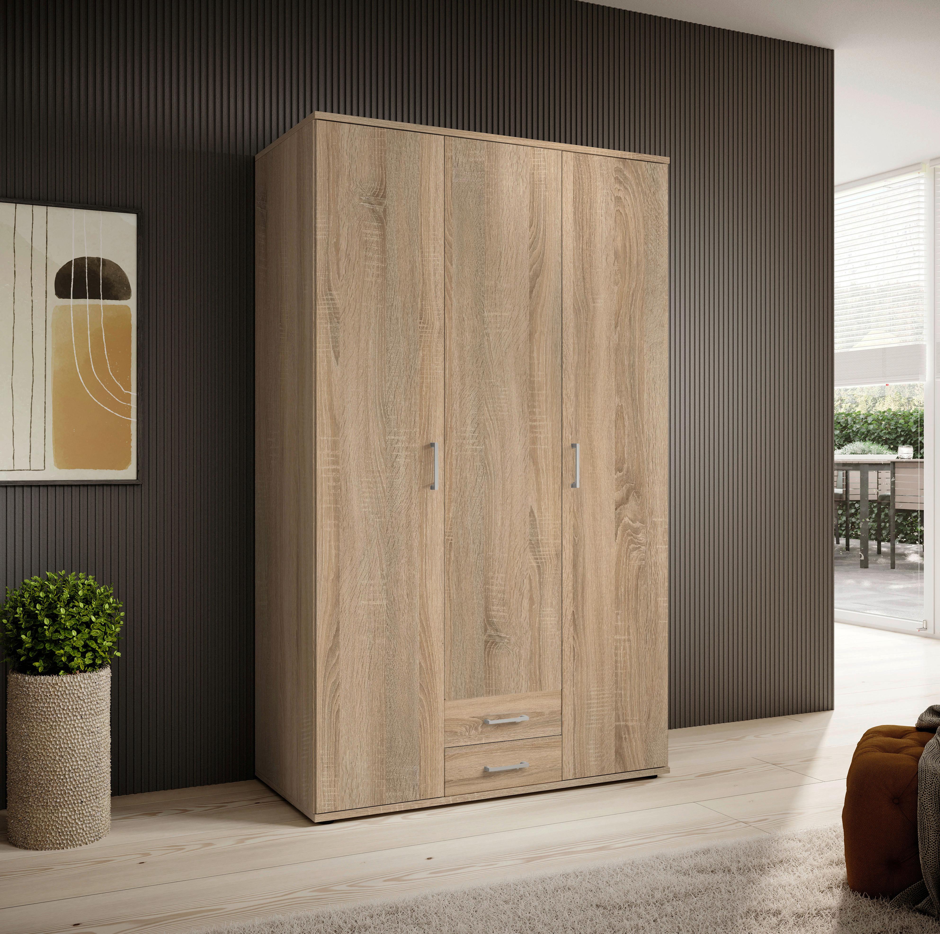 Drehtürenschrank Mit 2 Laden 120cm Paul,sonomaeiche 3-Türig - Sonoma Eiche, Basics, Glas/Holzwerkstoff (120/196/54cm)